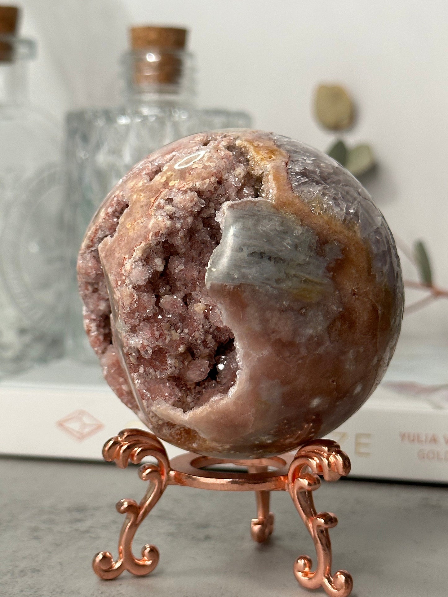 Unique | Druzy | Pink Amethyst Sphere | Statement Piece | Rose Gold Stand | High-Quality | Blue Banding | Genuine | From Brazil