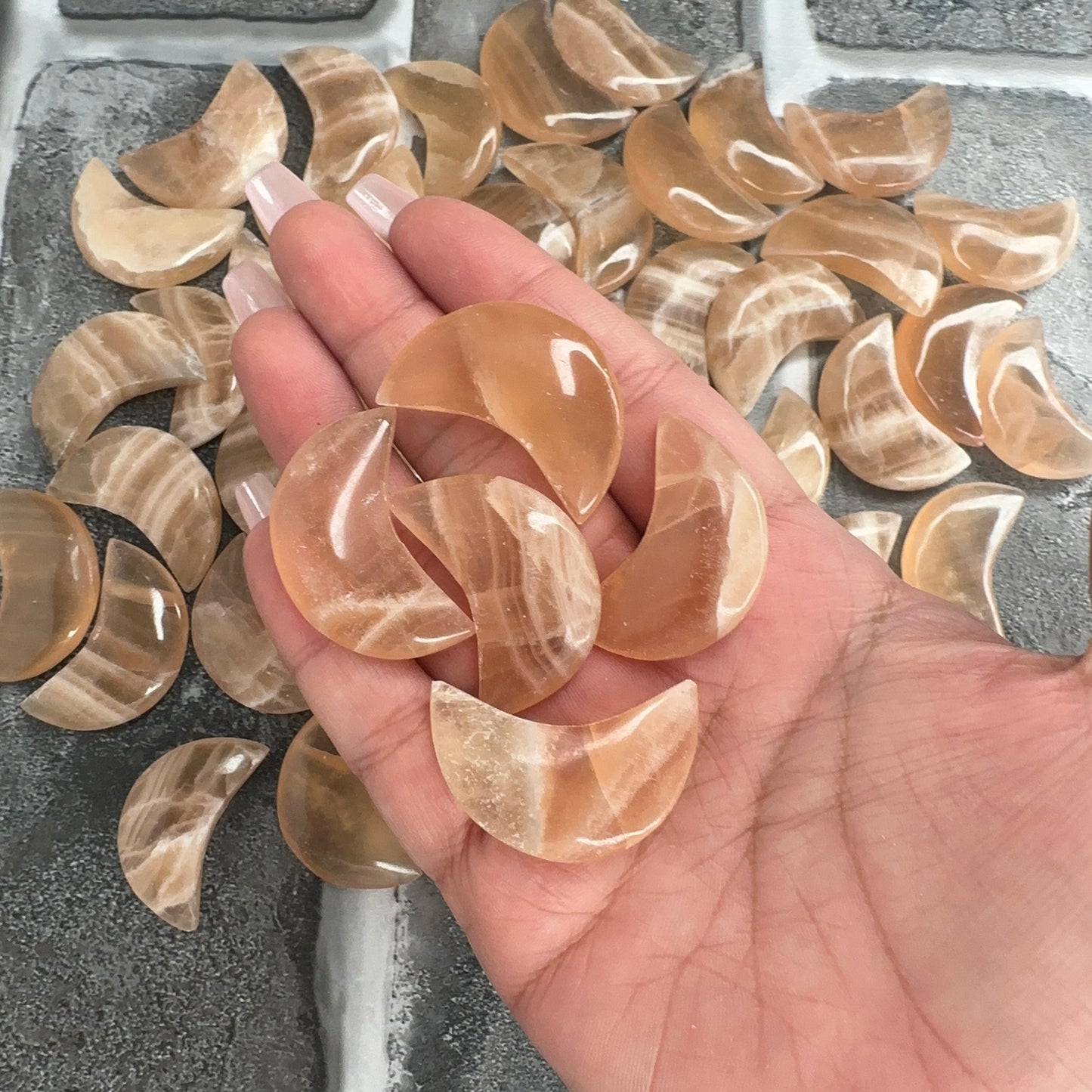 One (1) Beautiful Carved Honey Calcite Moon from Pakistan