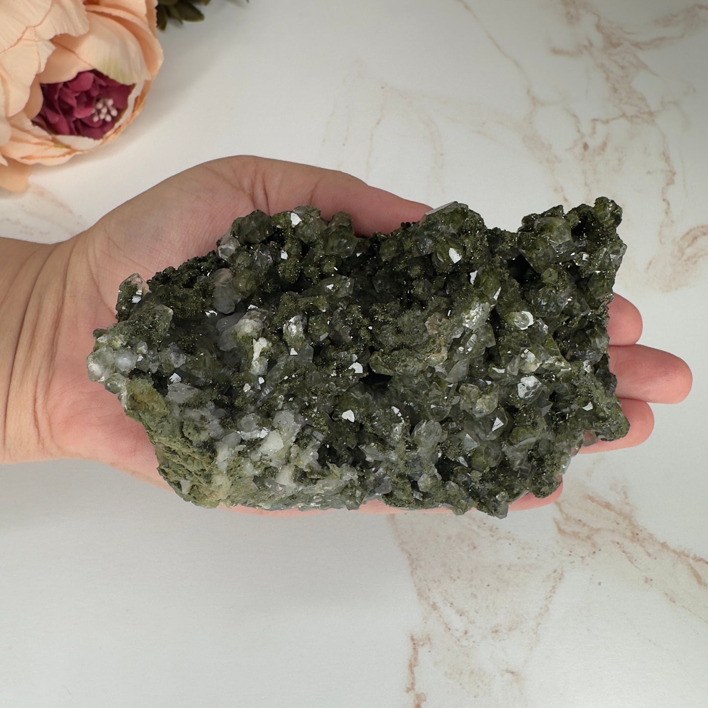 Forest Epidote On Quartz Genuine Dark Green Crystal Cluster Specimen From Turkey | Tucson Gem Show Exclusive