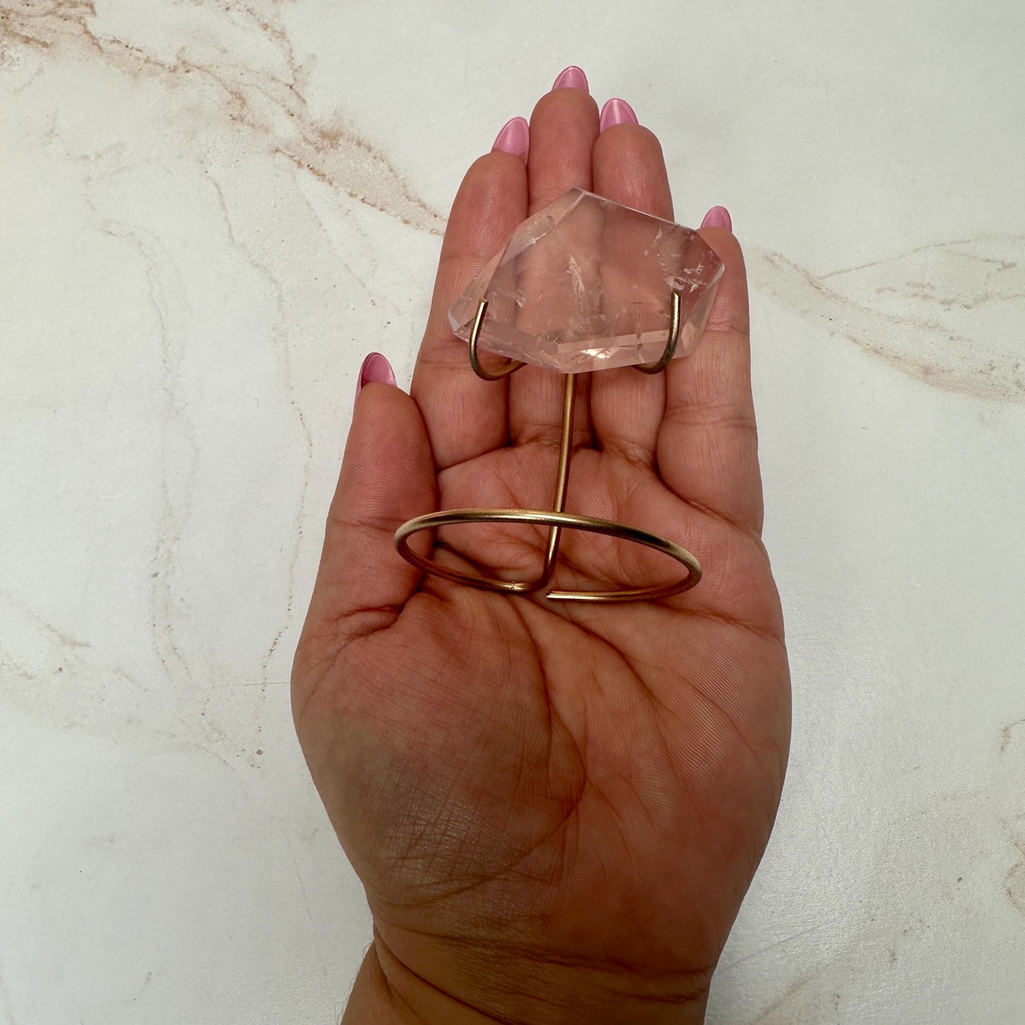 AAA Rose Quartz With Golden Healer Freeform Crystal With Rainbow On Custom Gold Stand From Brazil