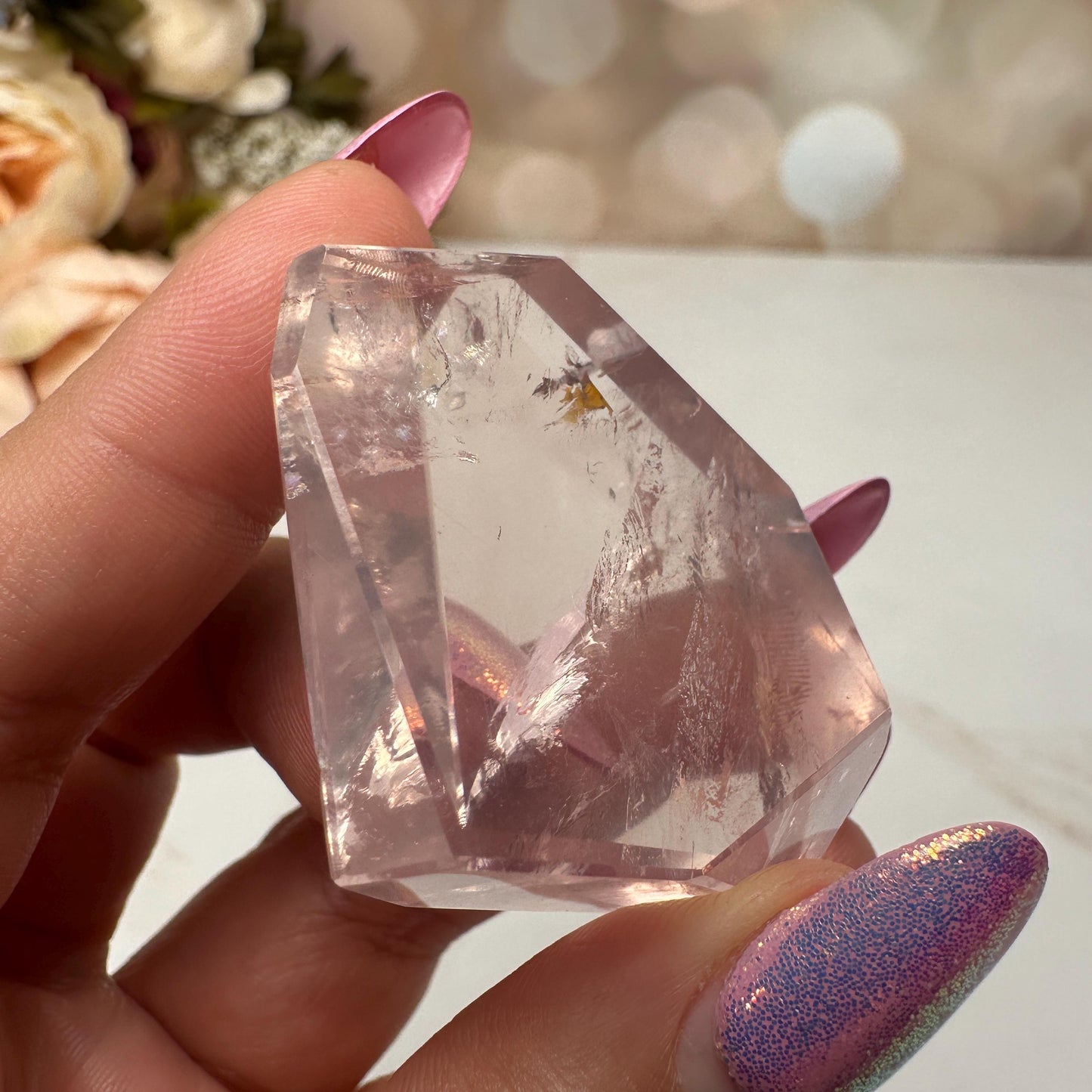 AAA Rose Quartz With Golden Healer Freeform Crystal With Rainbow On Custom Gold Stand From Brazil