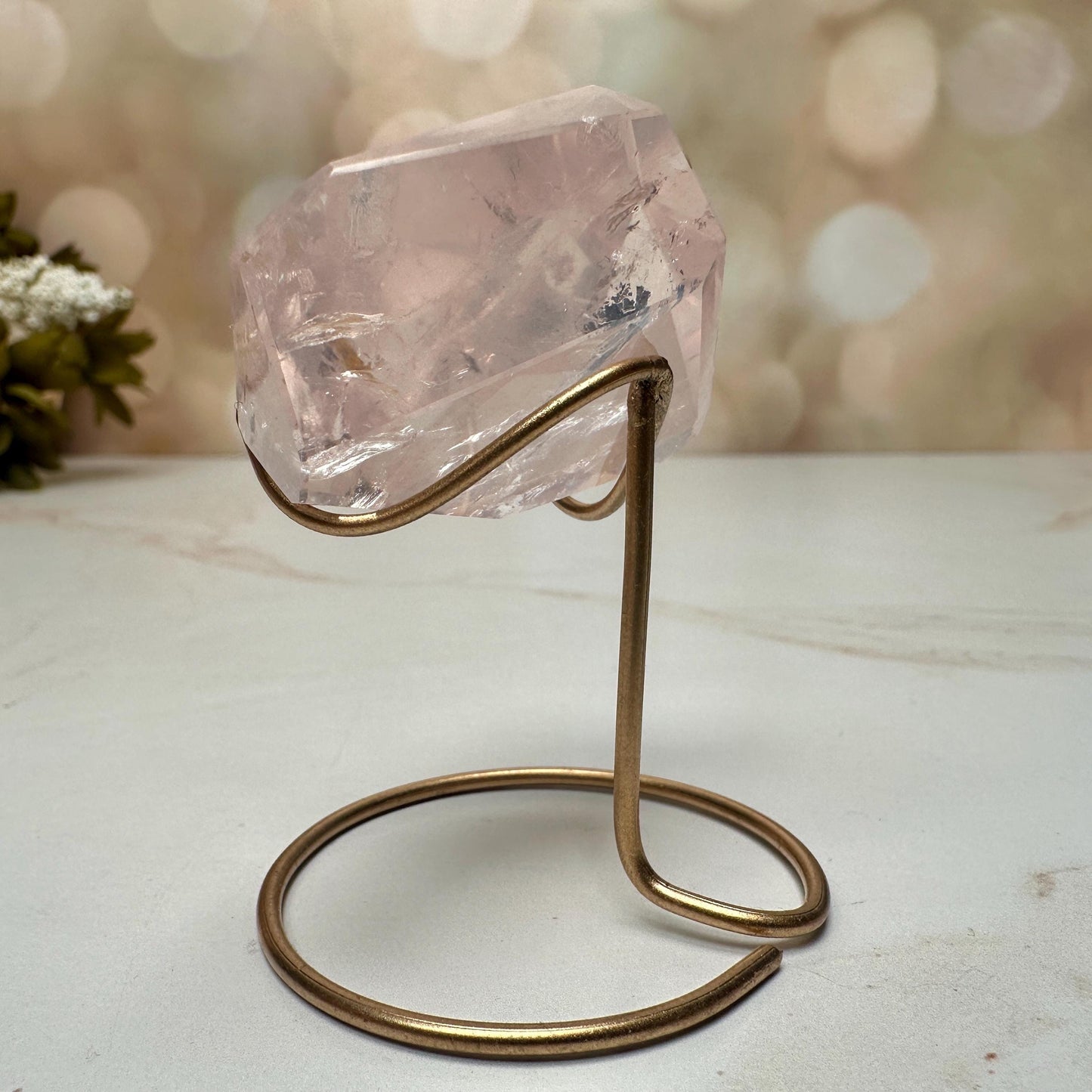 AAA Rose Quartz With Golden Healer Freeform Crystal With Rainbow On Custom Gold Stand From Brazil