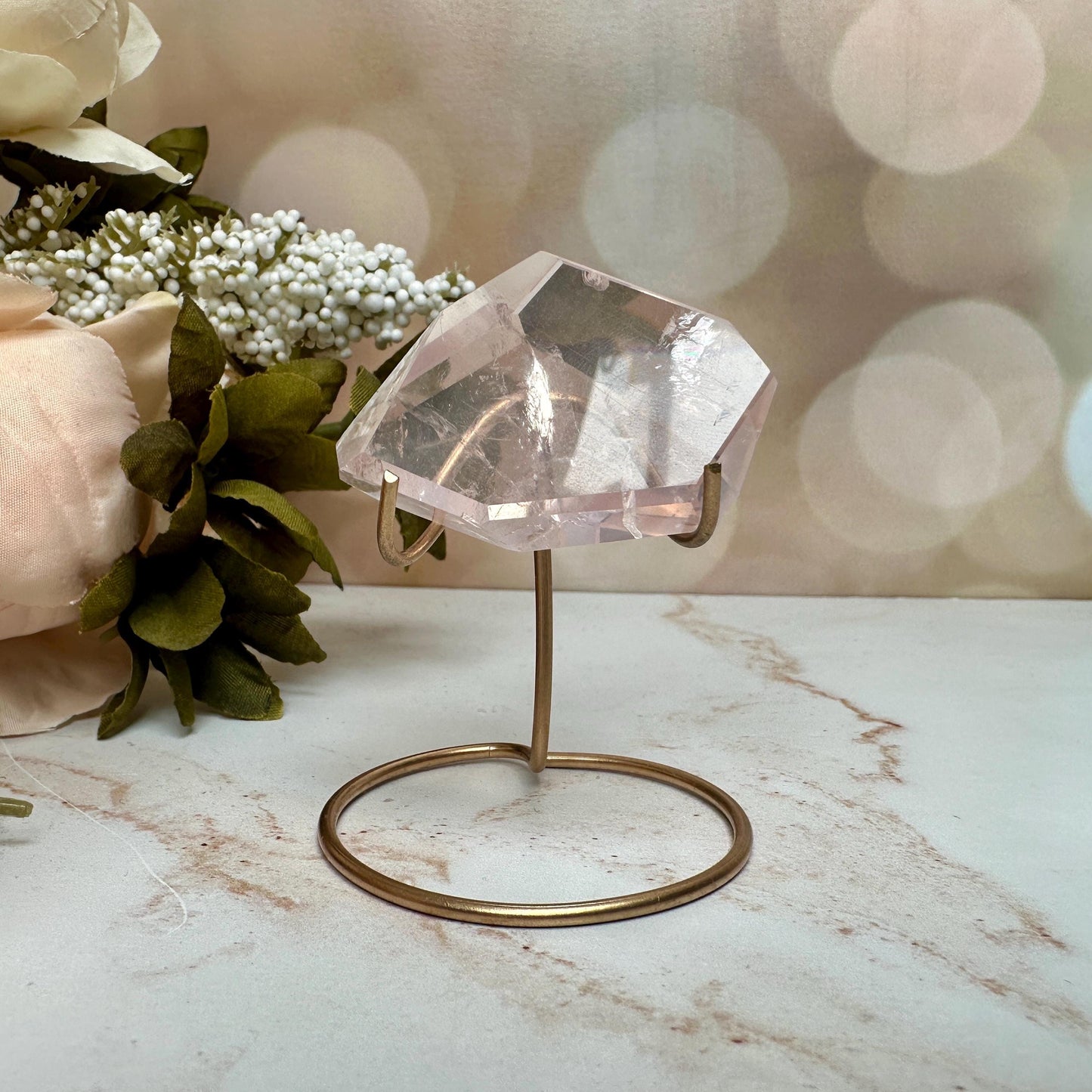 AAA Rose Quartz With Golden Healer Freeform Crystal With Rainbow On Custom Gold Stand From Brazil