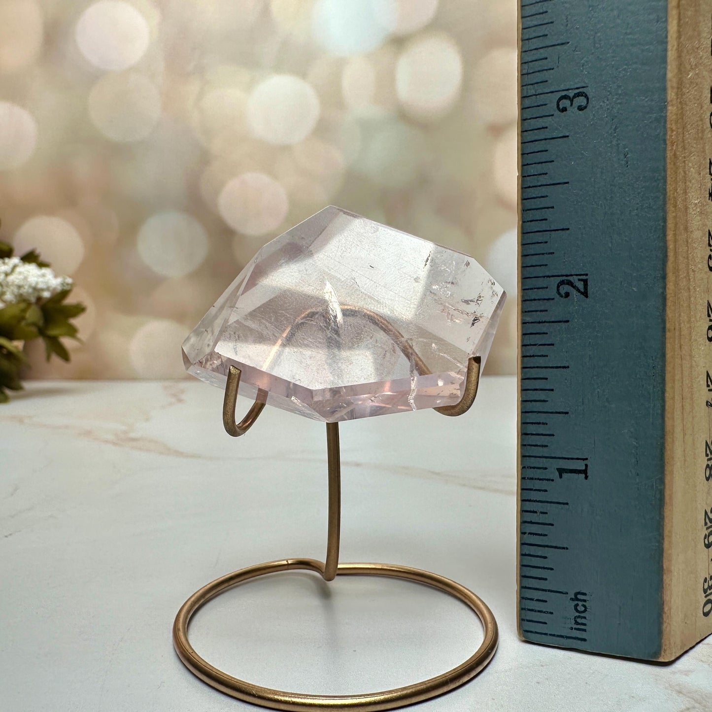 AAA Rose Quartz With Golden Healer Freeform Crystal With Rainbow On Custom Gold Stand From Brazil