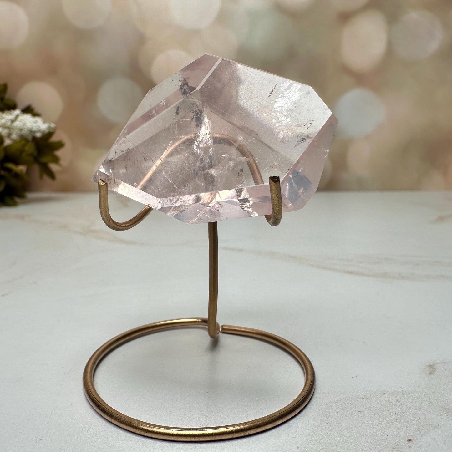 AAA Rose Quartz With Golden Healer Freeform Crystal With Rainbow On Custom Gold Stand From Brazil