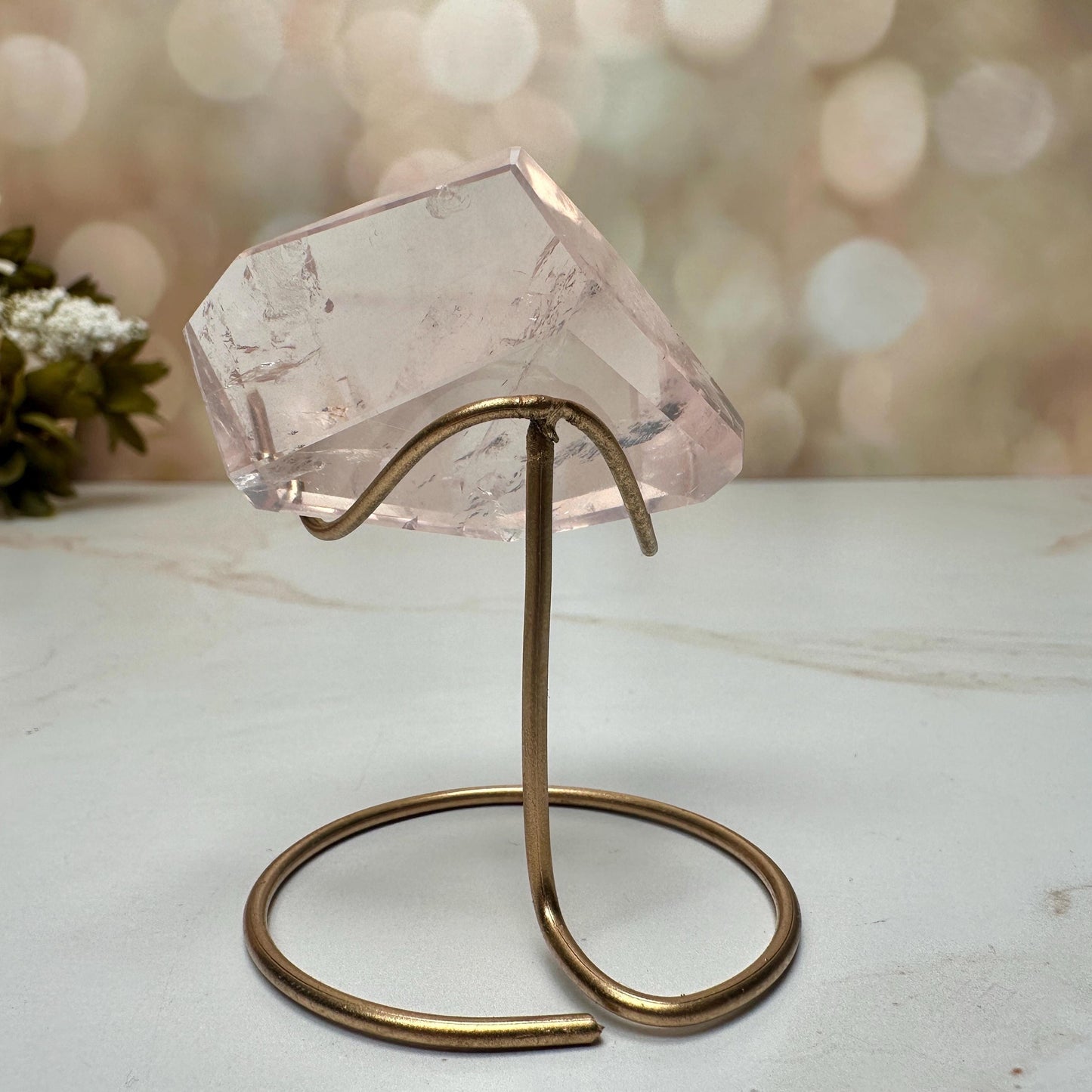 AAA Rose Quartz With Golden Healer Freeform Crystal With Rainbow On Custom Gold Stand From Brazil