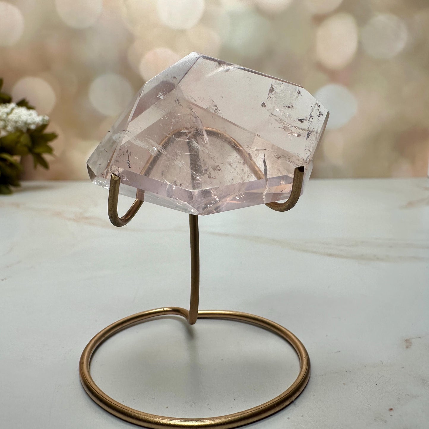 AAA Rose Quartz With Golden Healer Freeform Crystal With Rainbow On Custom Gold Stand From Brazil