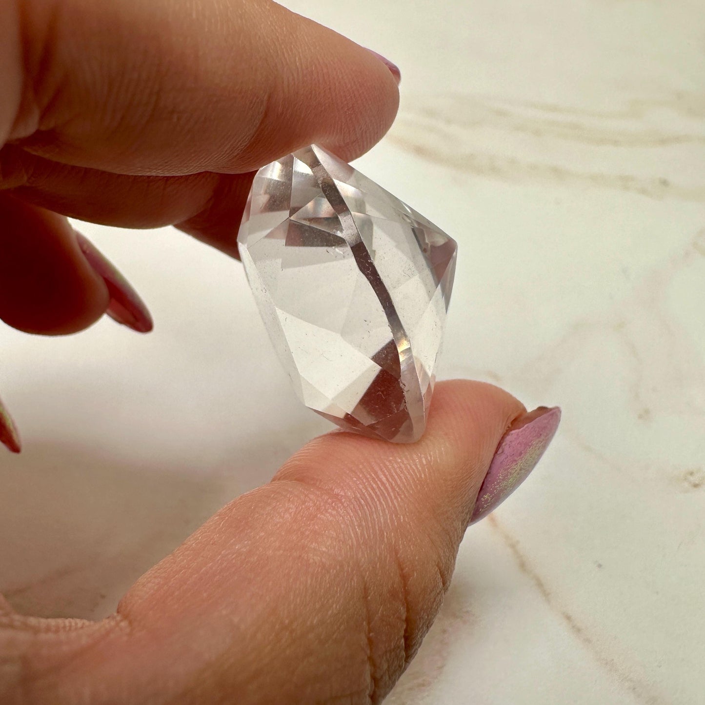 Clear Quartz Faceted Diamond On Custom Gold Stand From Brazil