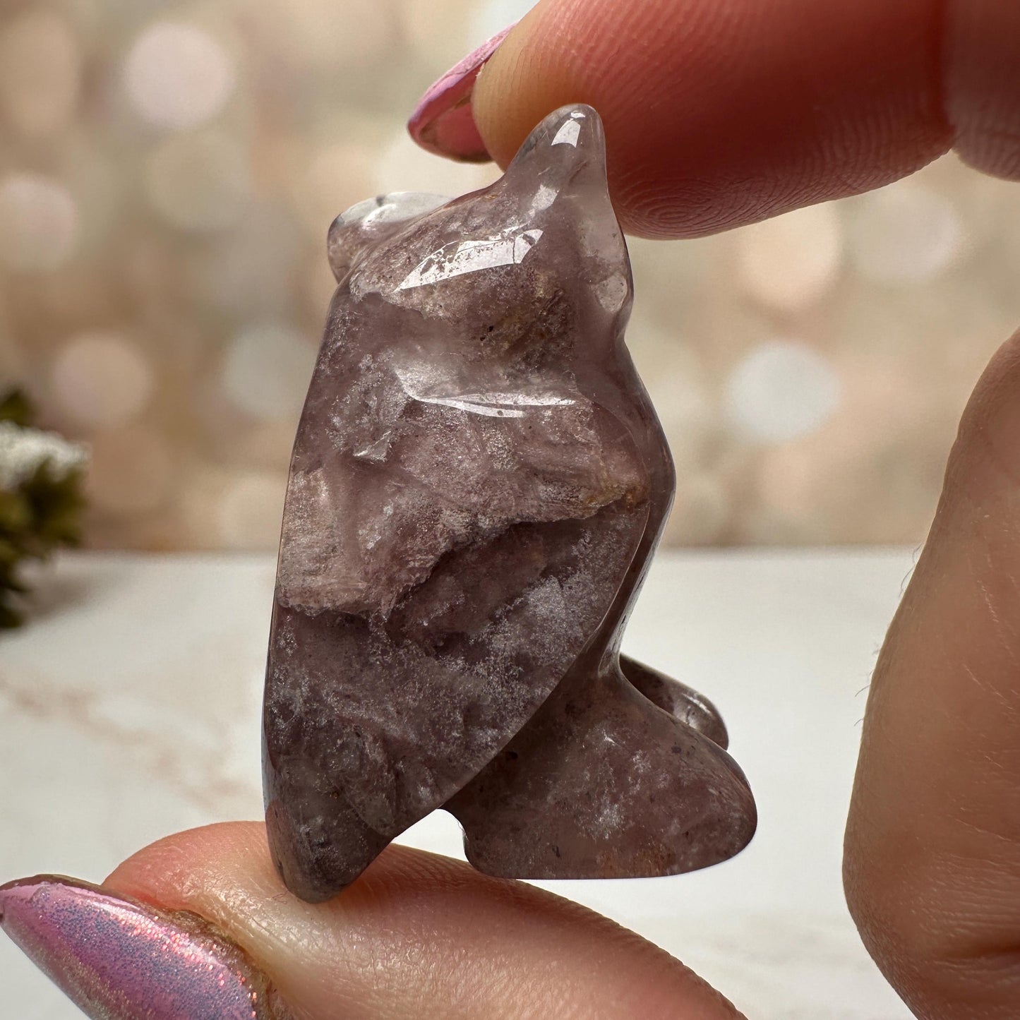 Pink Lithum Quartz Mini Owl Crystal Animal Carving From Brazil