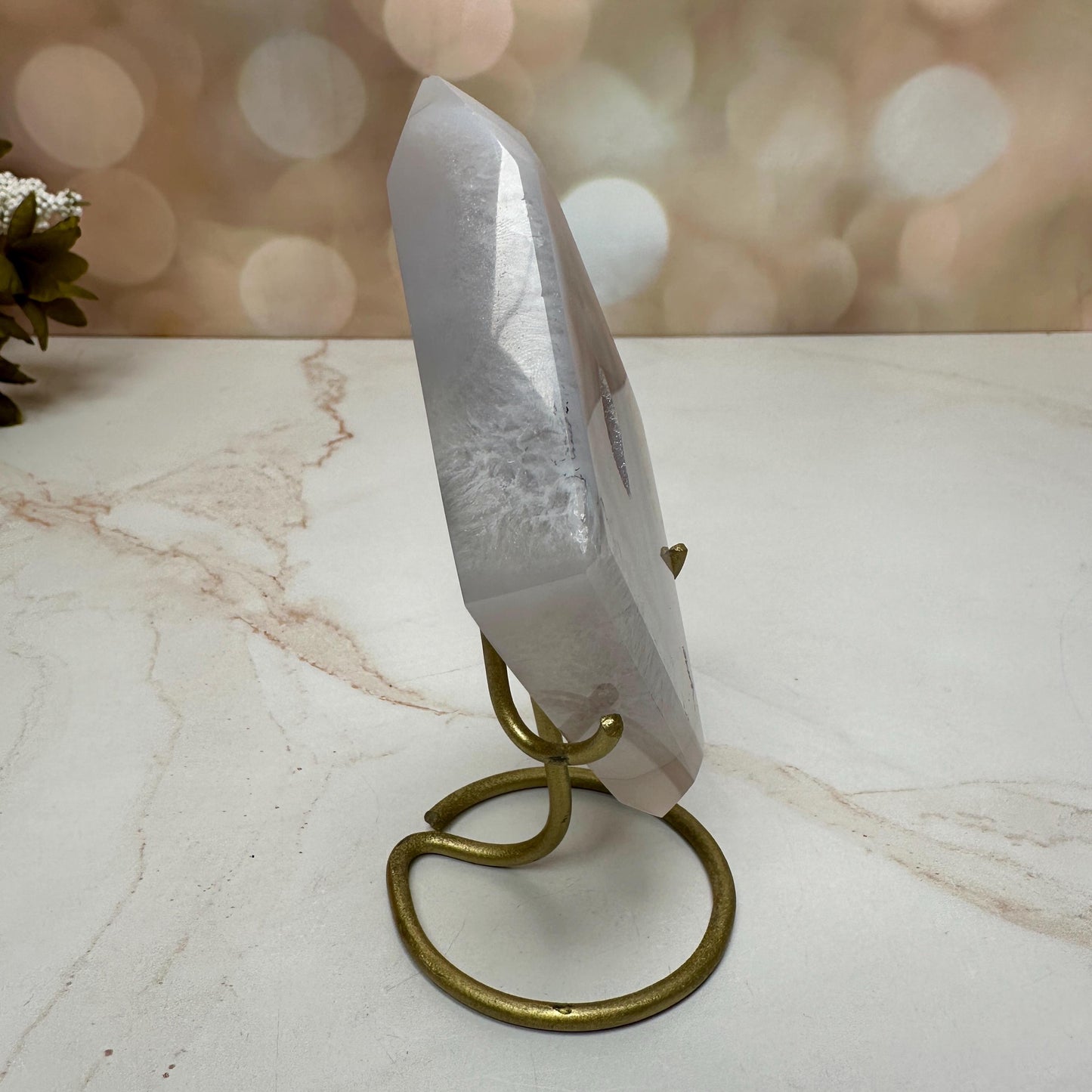 Diamond Agate Blue Banding On Custom Gold Stand From Brazil | Tucson Gem Show Exclusive