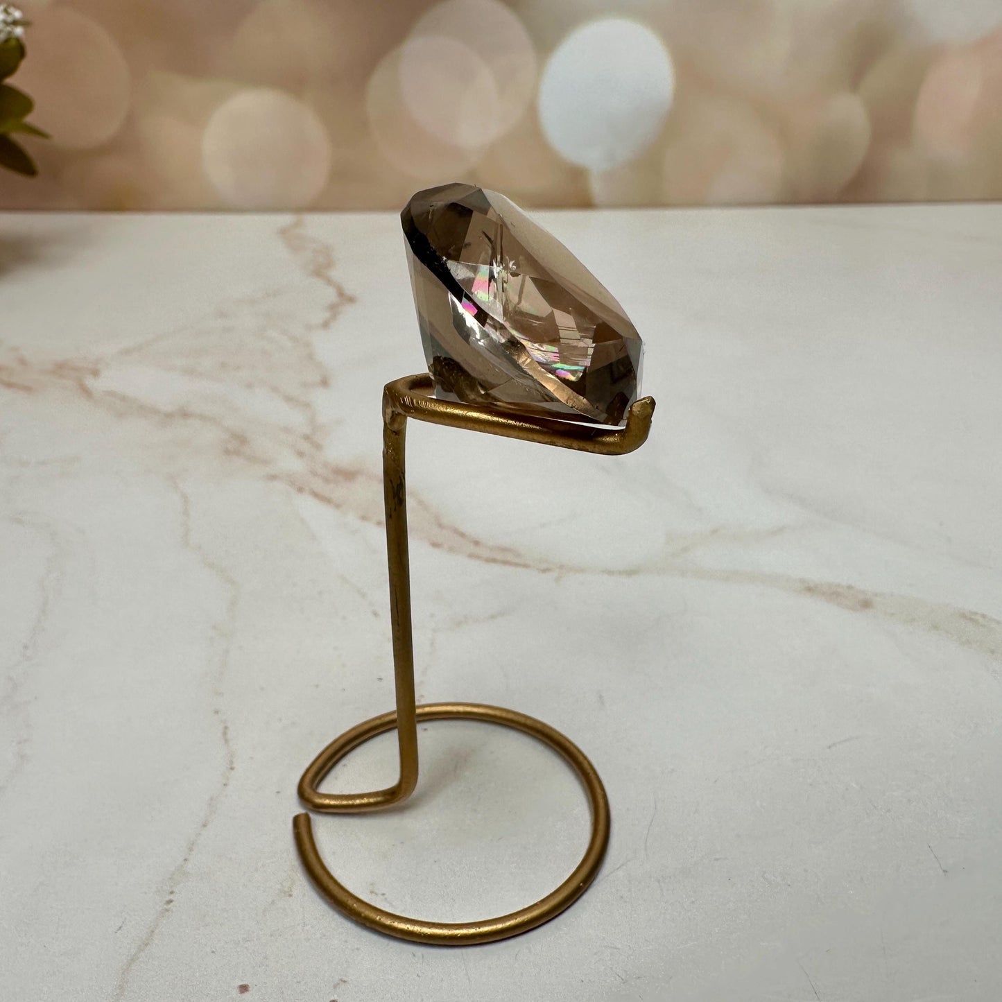 Smoky Quartz Faceted Diamond On Custom Gold Stand From Brazil With Rainbow