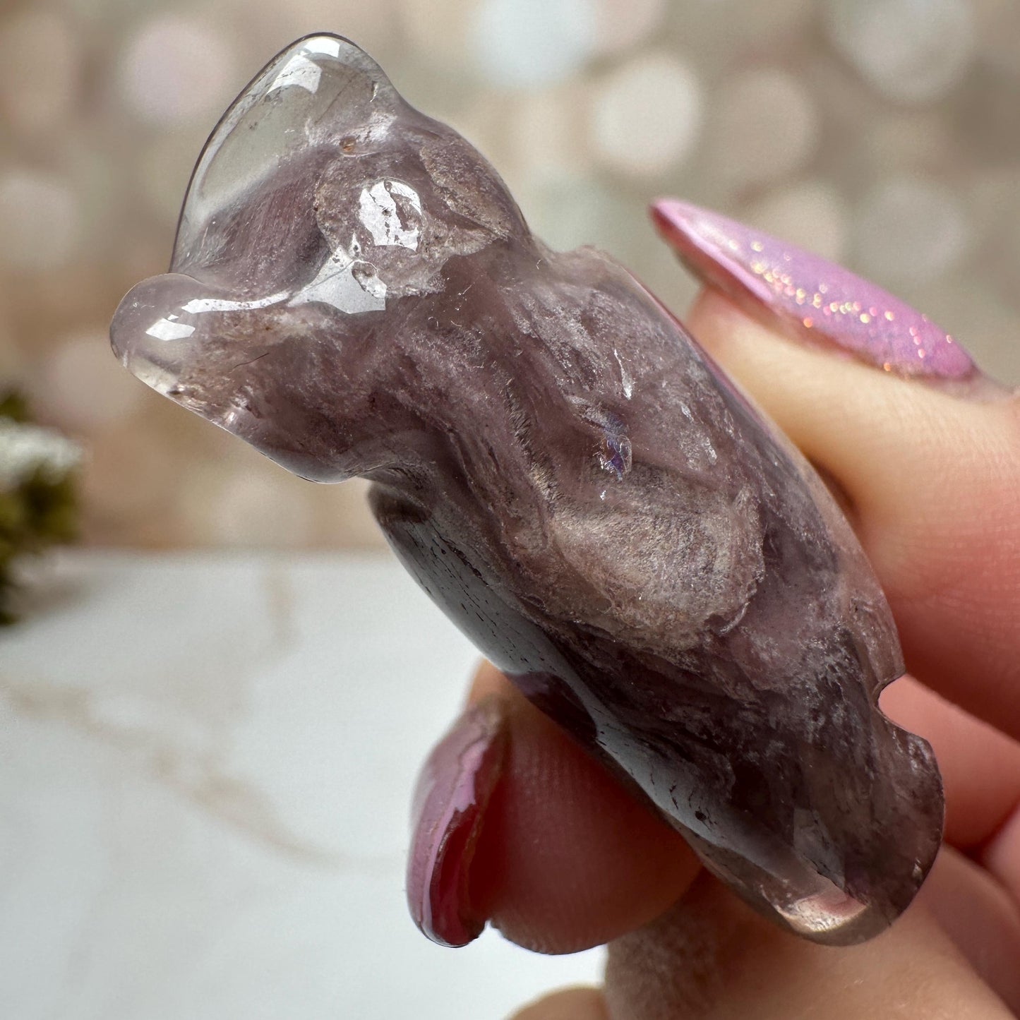 Pink Lithum Quartz Mini Owl Crystal Animal Carving From Brazil
