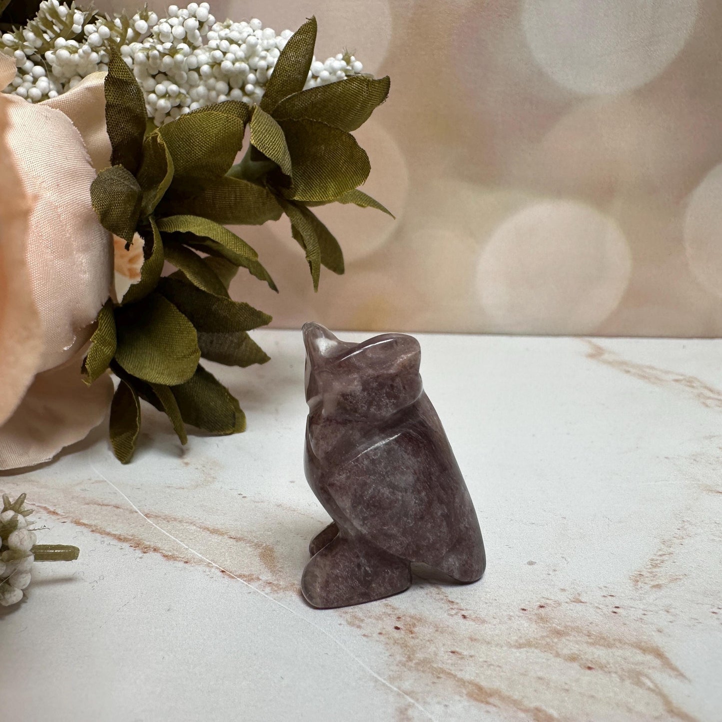 Pink Lithum Quartz Mini Owl Crystal Animal Carving From Brazil