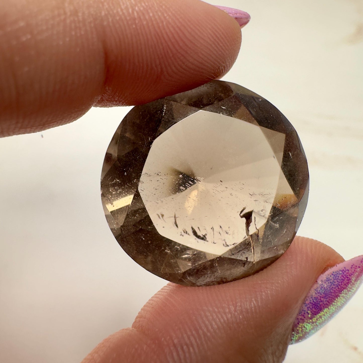 Smoky Quartz Faceted Diamond On Custom Gold Stand From Brazil With Rainbow