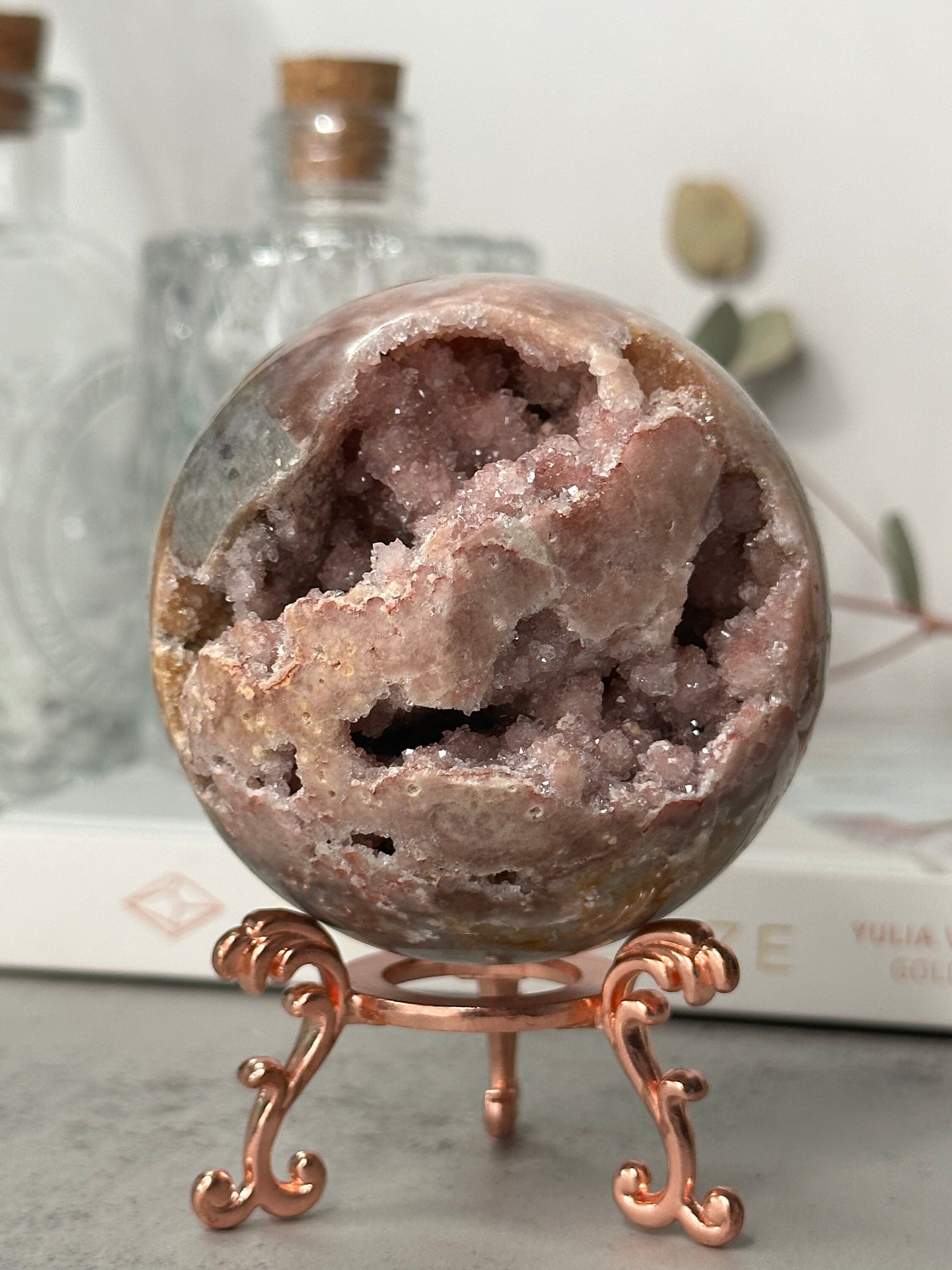 Unique | Druzy | Pink Amethyst Sphere | Statement Piece | Rose Gold Stand | High-Quality | Blue Banding | Genuine | From Brazil