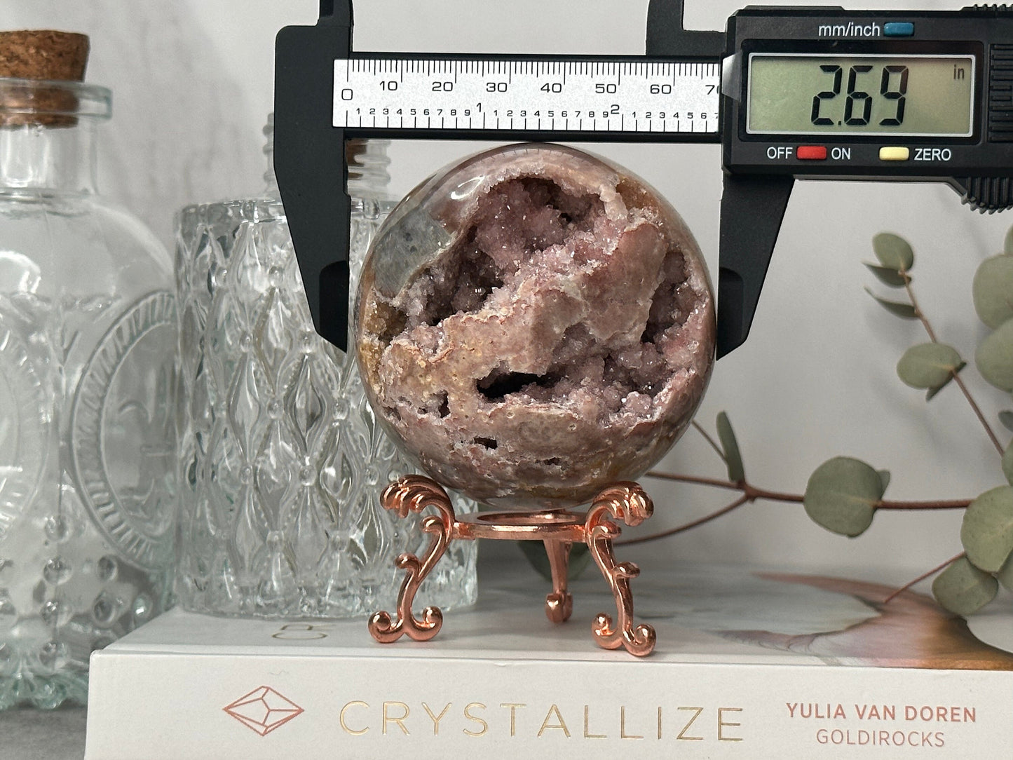 Unique | Druzy | Pink Amethyst Sphere | Statement Piece | Rose Gold Stand | High-Quality | Blue Banding | Genuine | From Brazil