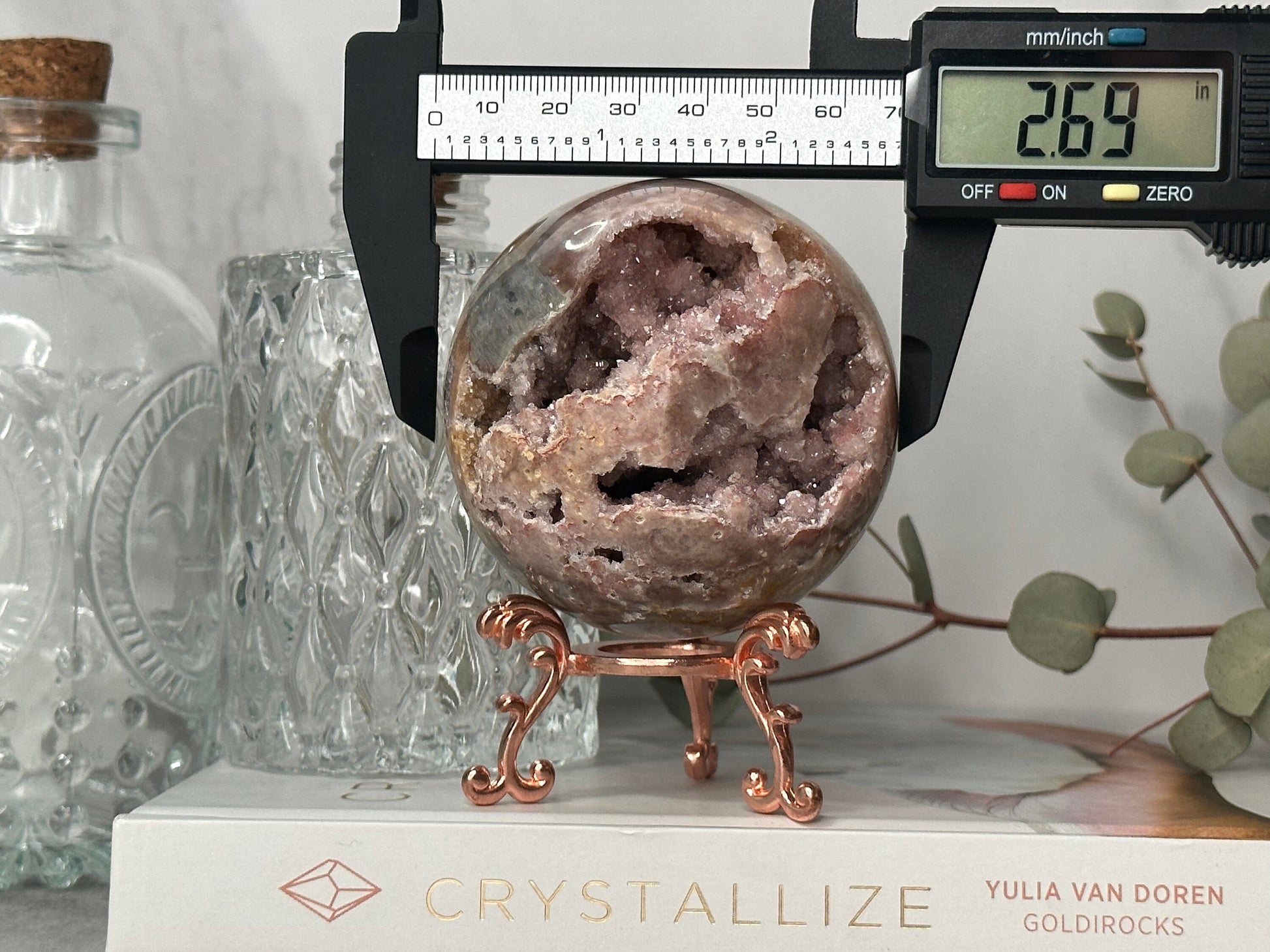 Unique | Druzy | Pink Amethyst Sphere | Statement Piece | Rose Gold Stand | High-Quality | Blue Banding | Genuine | From Brazil