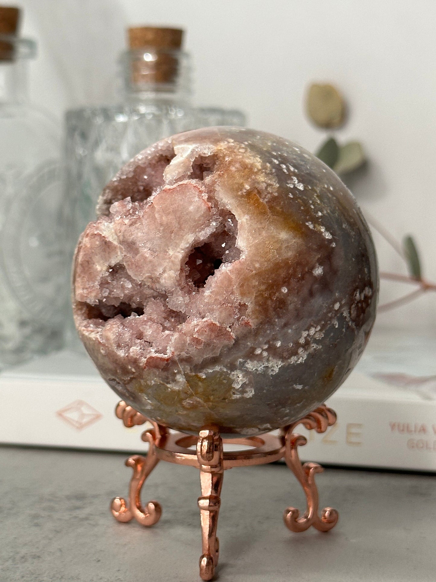 Unique | Druzy | Pink Amethyst Sphere | Statement Piece | Rose Gold Stand | High-Quality | Blue Banding | Genuine | From Brazil