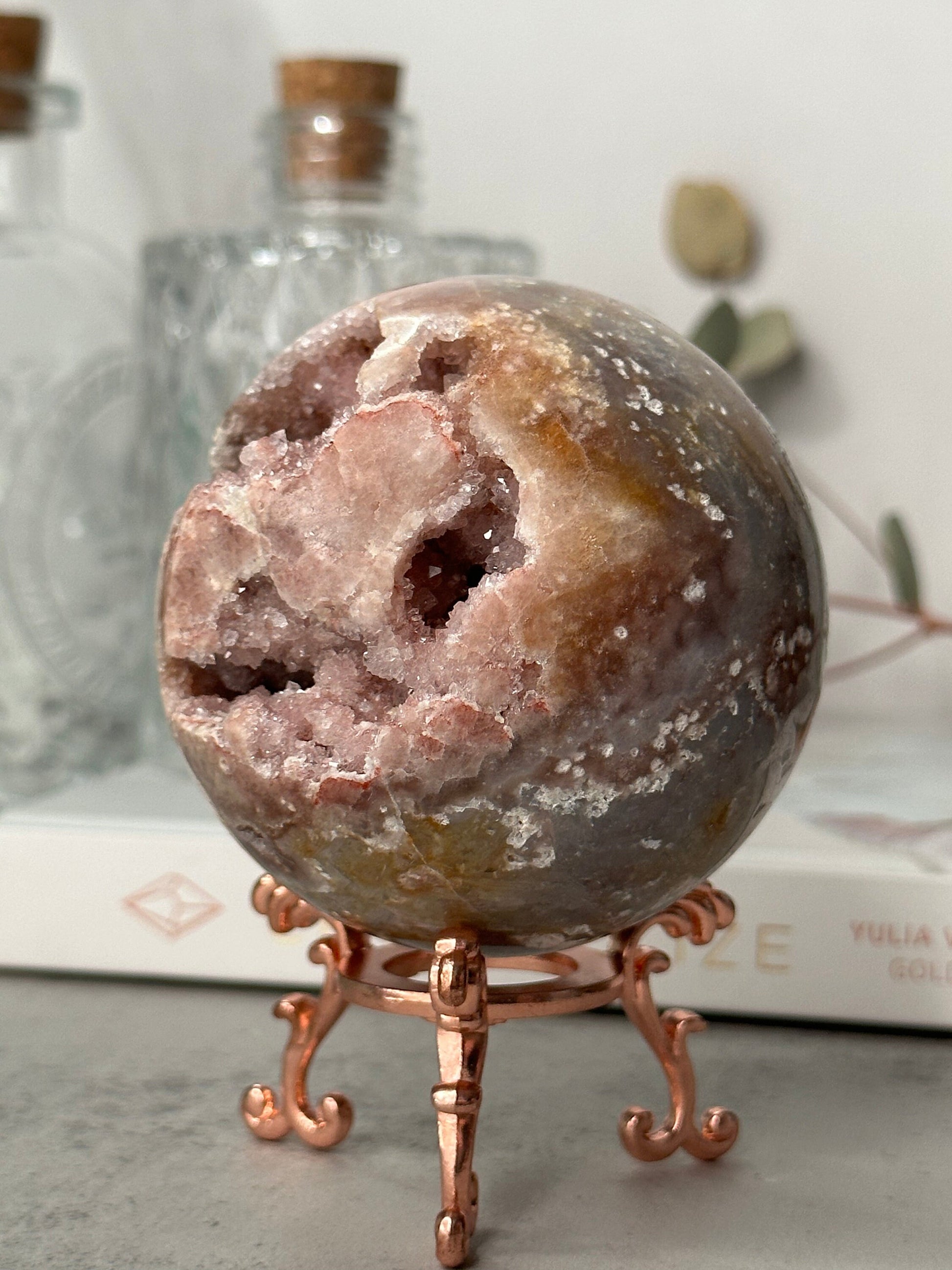 Unique | Druzy | Pink Amethyst Sphere | Statement Piece | Rose Gold Stand | High-Quality | Blue Banding | Genuine | From Brazil