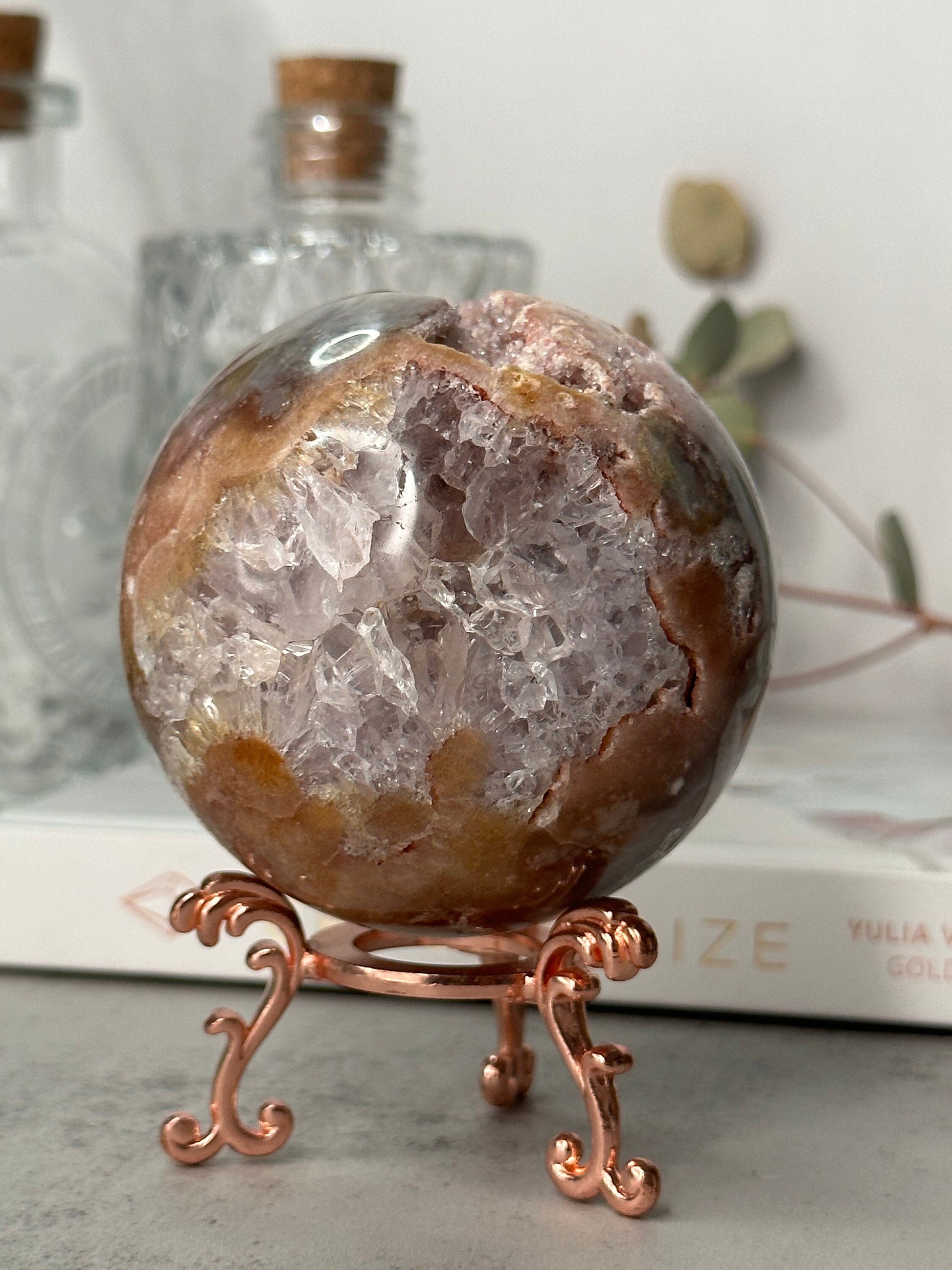 Unique | Druzy | Pink Amethyst Sphere | Statement Piece | Rose Gold Stand | High-Quality | Blue Banding | Genuine | From Brazil