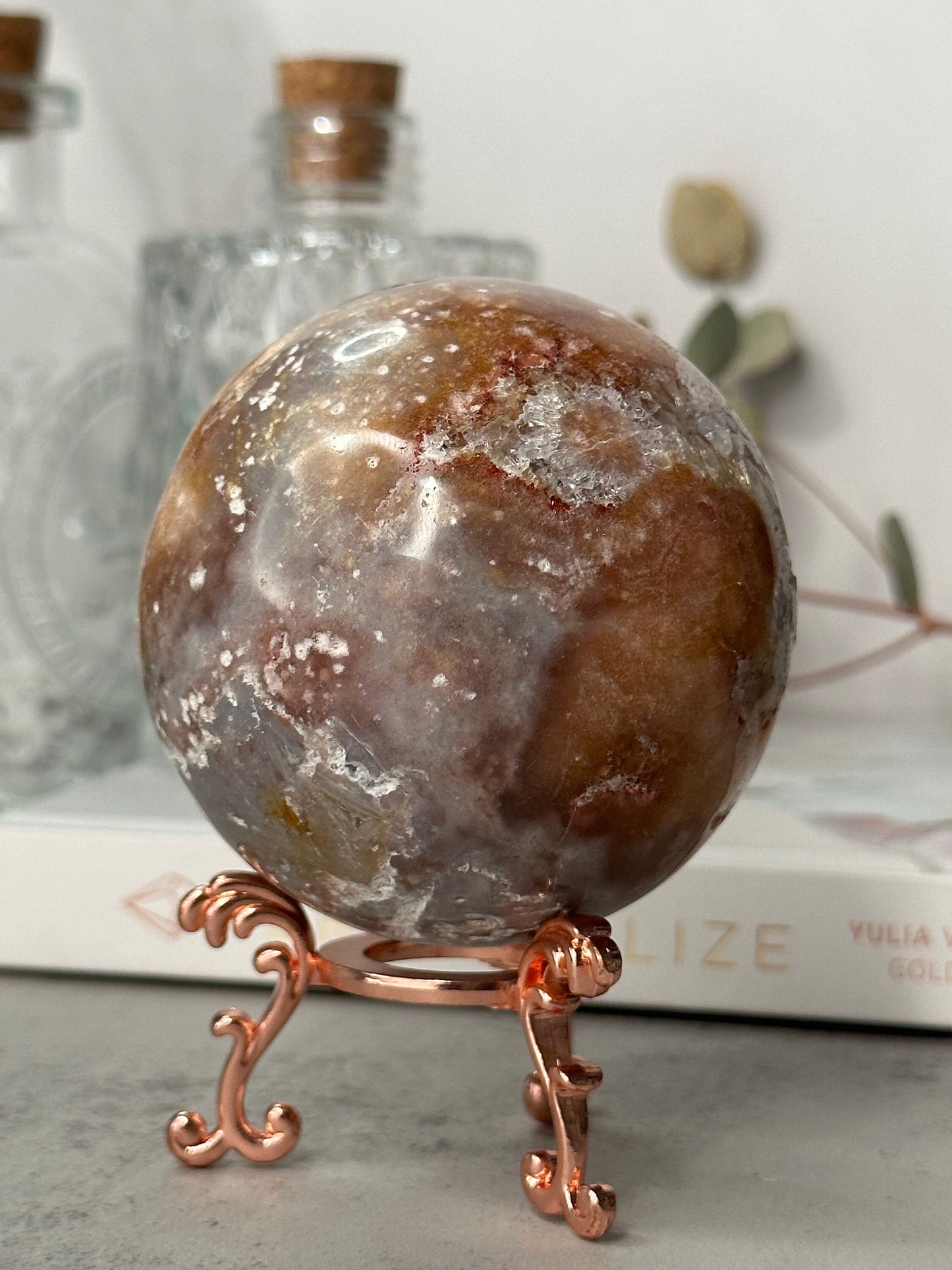 Unique | Druzy | Pink Amethyst Sphere | Statement Piece | Rose Gold Stand | High-Quality | Blue Banding | Genuine | From Brazil