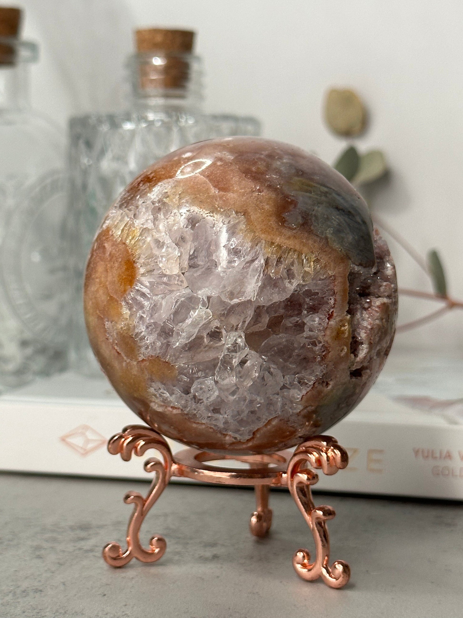 Unique | Druzy | Pink Amethyst Sphere | Statement Piece | Rose Gold Stand | High-Quality | Blue Banding | Genuine | From Brazil