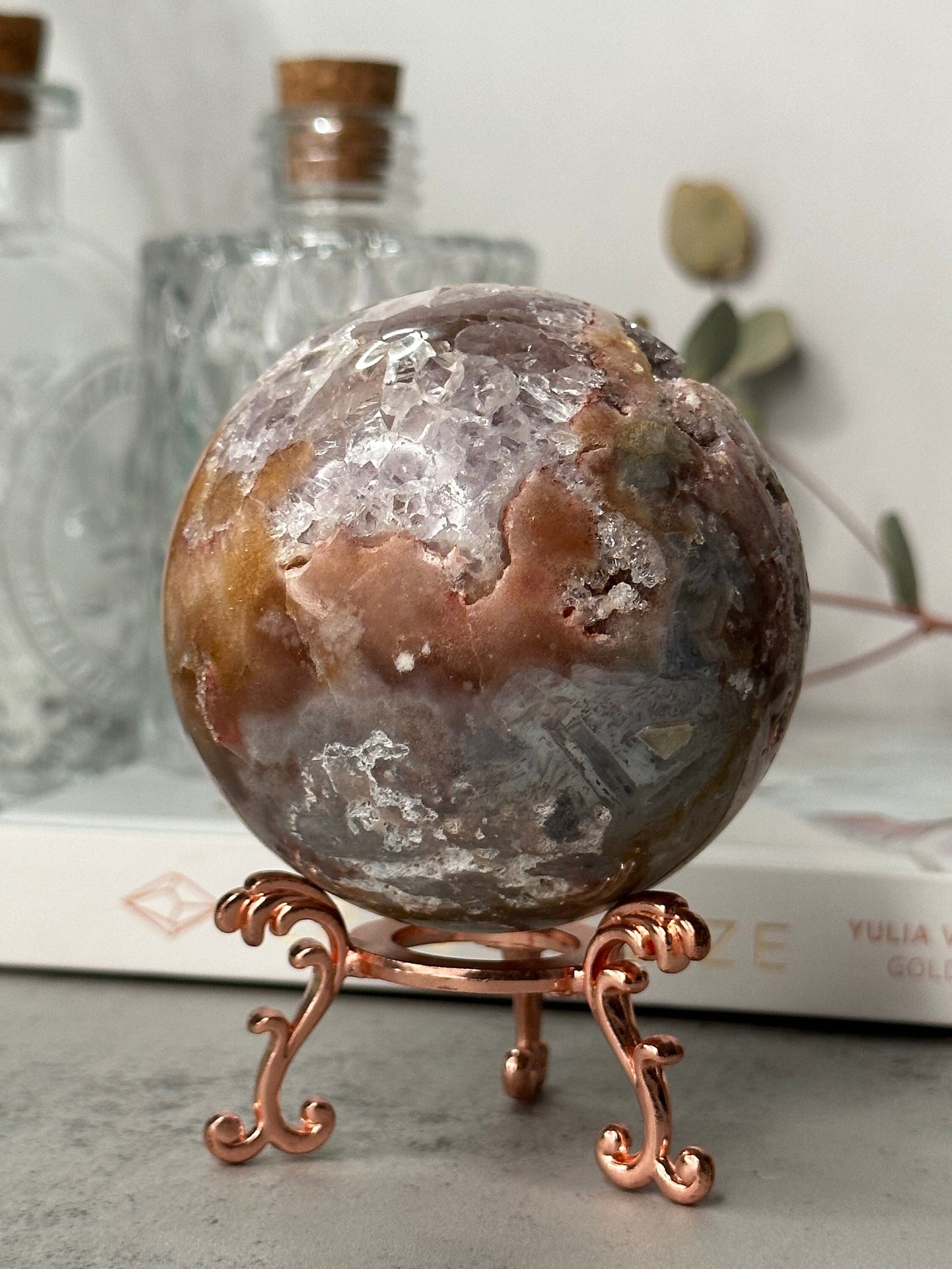 Unique | Druzy | Pink Amethyst Sphere | Statement Piece | Rose Gold Stand | High-Quality | Blue Banding | Genuine | From Brazil