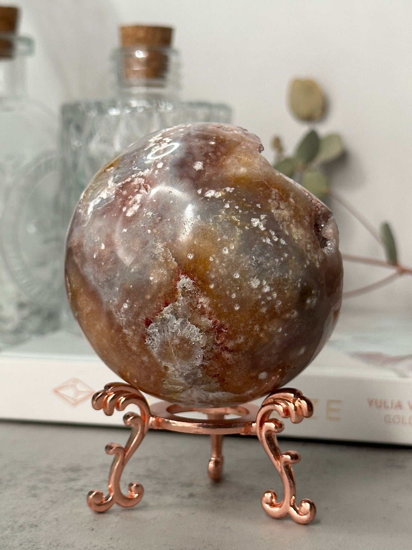Unique | Druzy | Pink Amethyst Sphere | Statement Piece | Rose Gold Stand | High-Quality | Blue Banding | Genuine | From Brazil