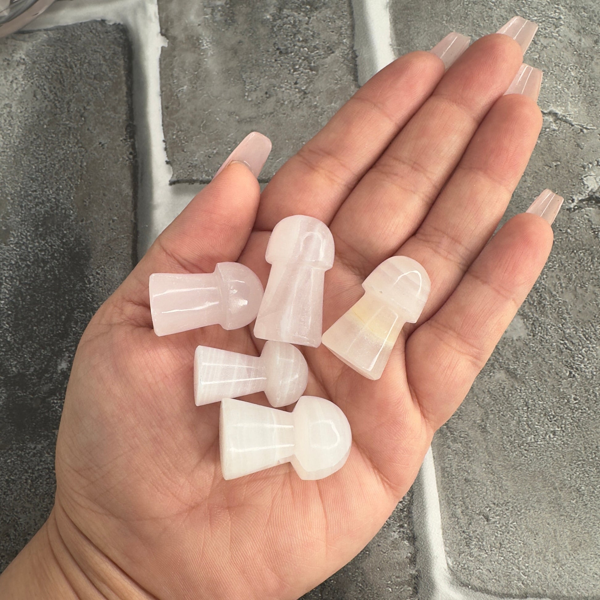 One (1) Enchanting Carved Pink Calcite Mushroom from Pakistan