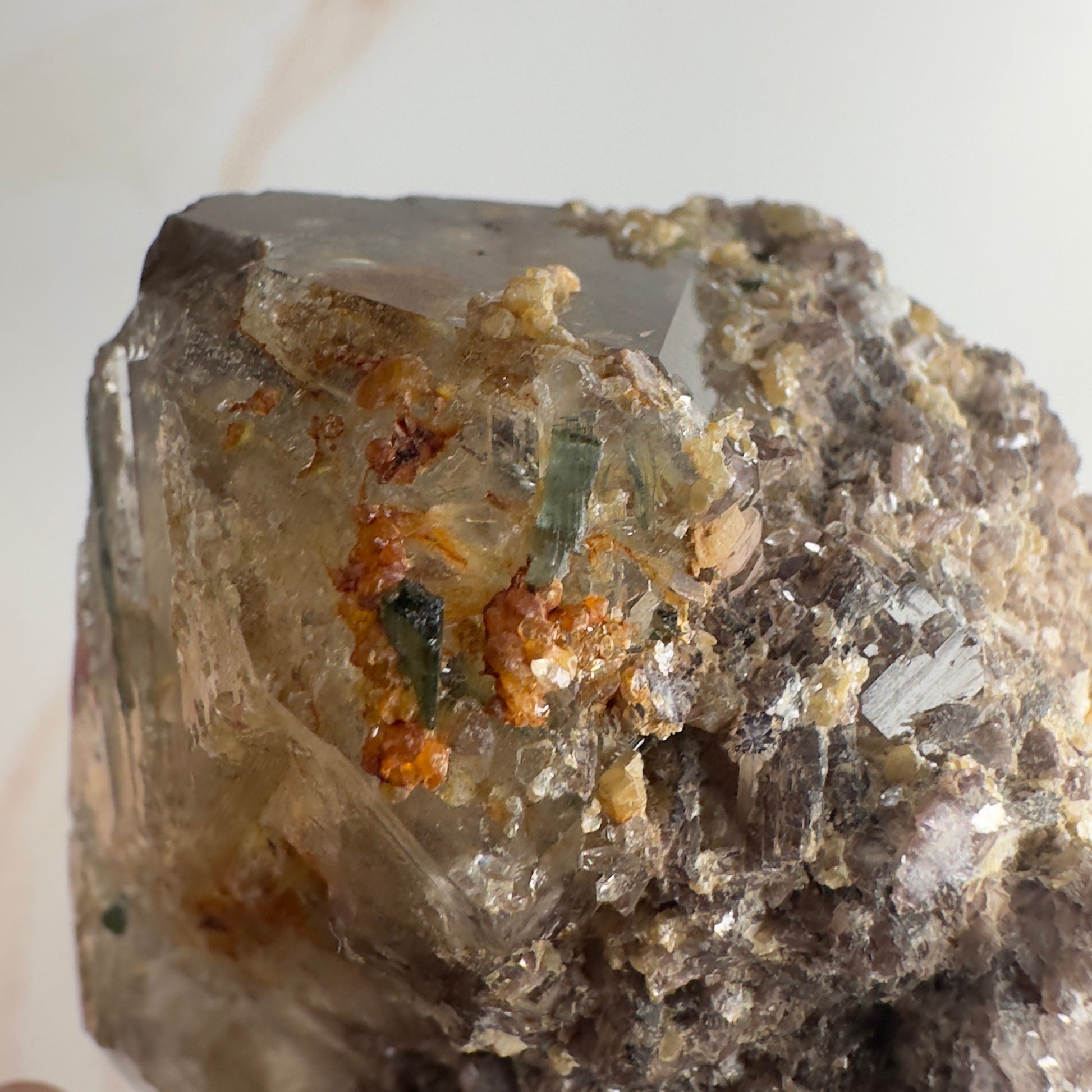 Unique Smoky Quartz With Tourmaline, Mica And Lepidolite Self Standing Specimen From Brazil