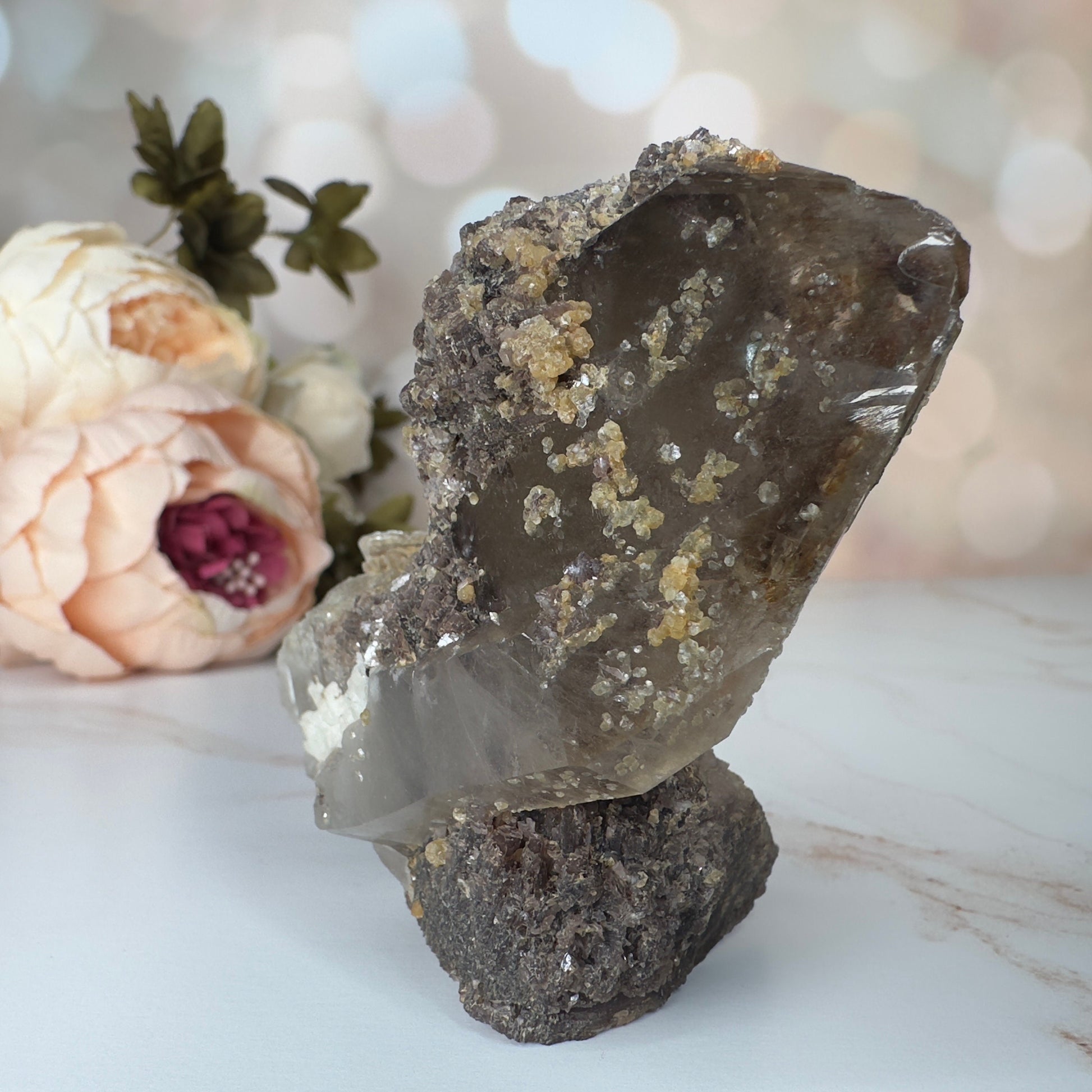 Unique Smoky Quartz With Tourmaline, Mica And Lepidolite Self Standing Specimen From Brazil