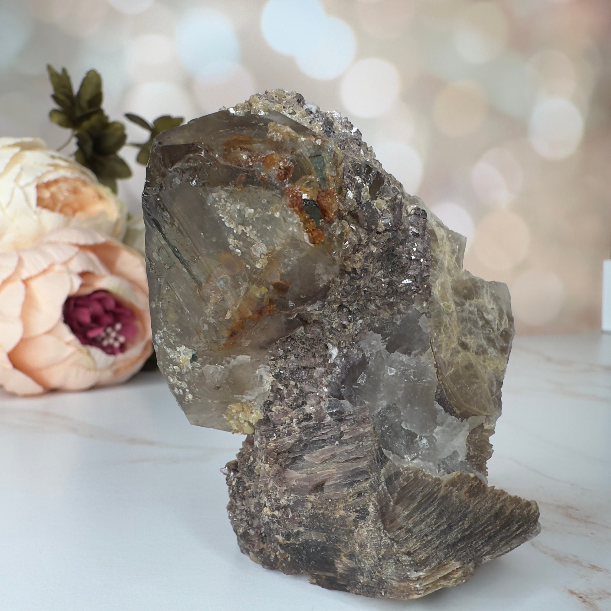 Unique Smoky Quartz With Tourmaline, Mica And Lepidolite Self Standing Specimen From Brazil