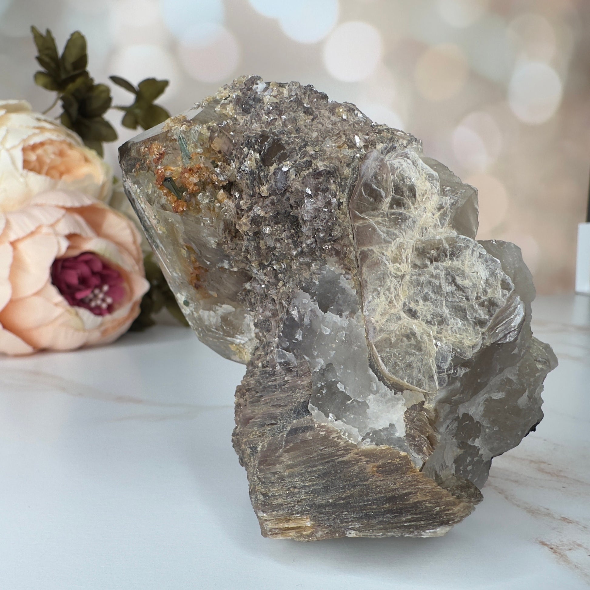 Unique Smoky Quartz With Tourmaline, Mica And Lepidolite Self Standing Specimen From Brazil