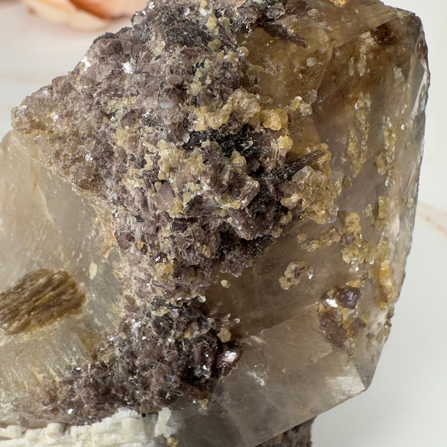 Unique Smoky Quartz With Tourmaline, Mica And Lepidolite Self Standing Specimen From Brazil