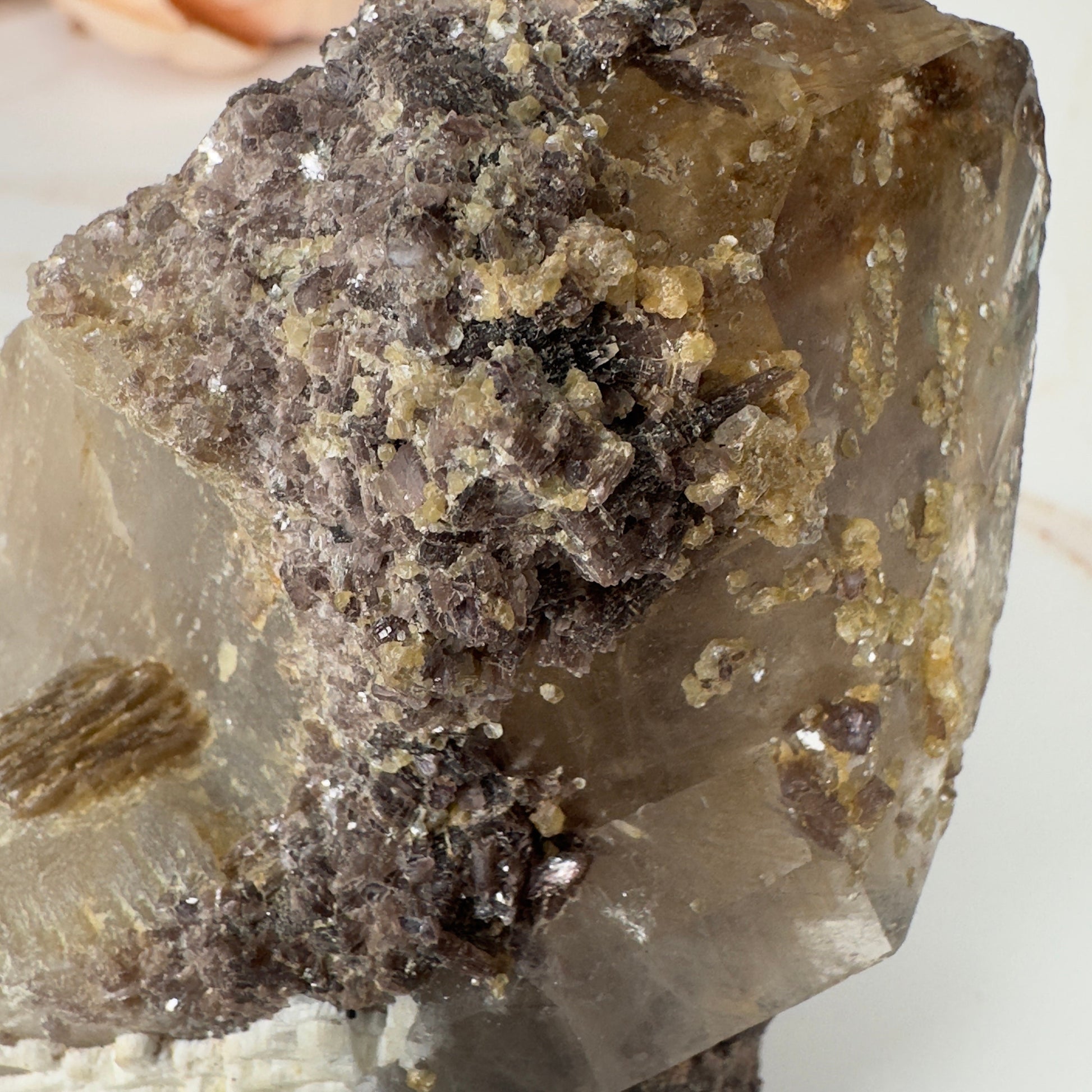 Unique Smoky Quartz With Tourmaline, Mica And Lepidolite Self Standing Specimen From Brazil
