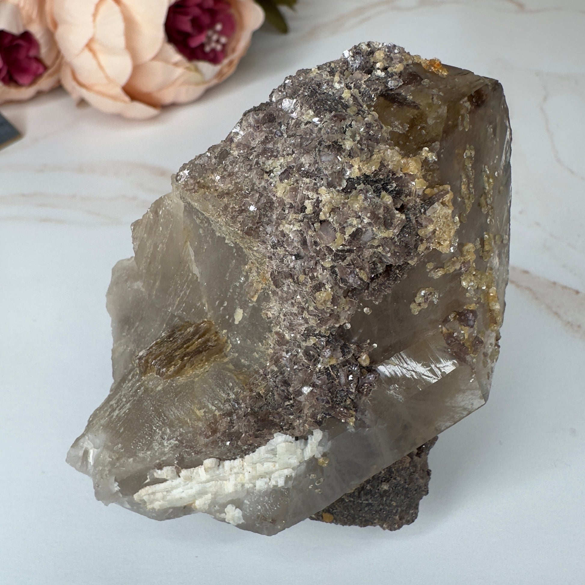 Unique Smoky Quartz With Tourmaline, Mica And Lepidolite Self Standing Specimen From Brazil