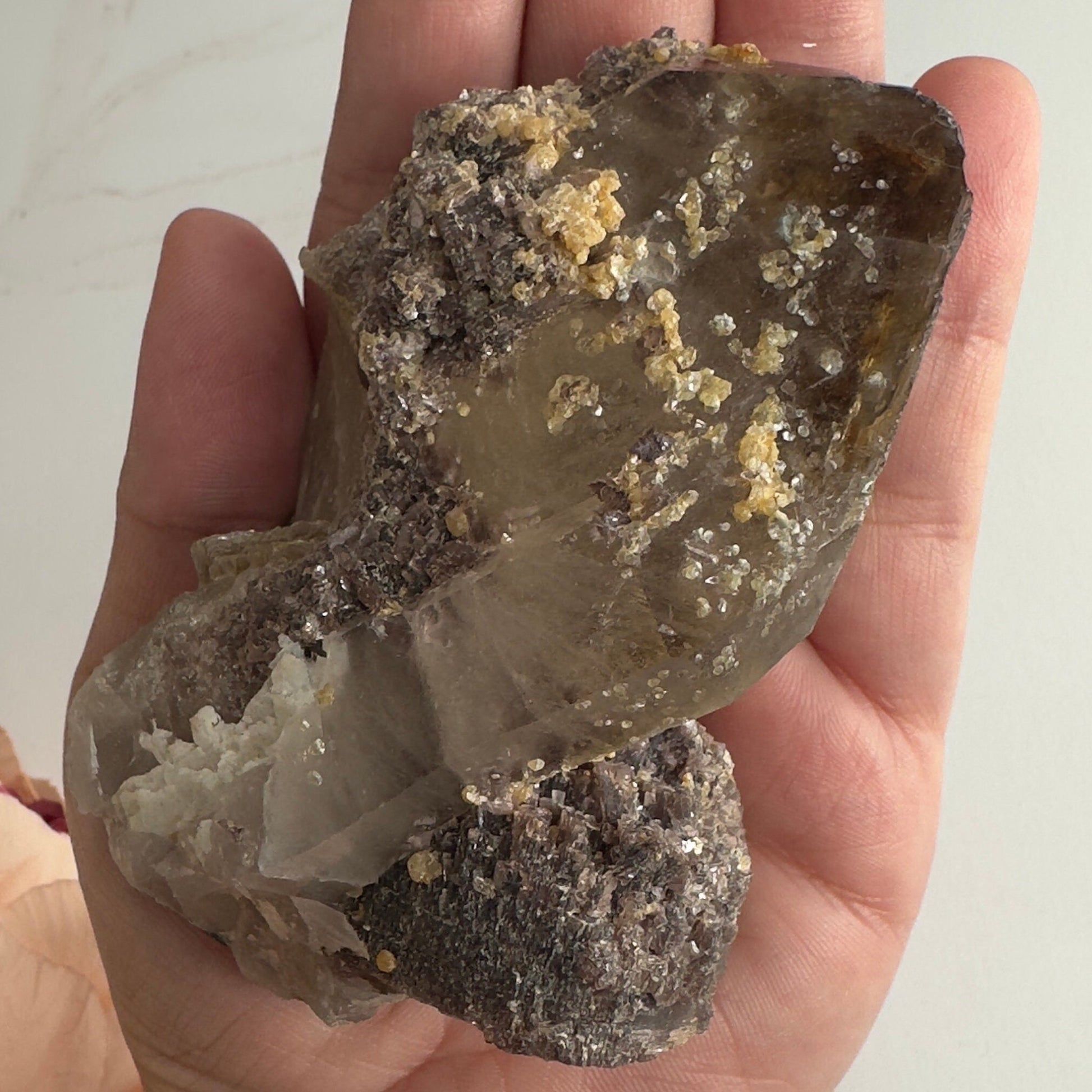 Unique Smoky Quartz With Tourmaline, Mica And Lepidolite Self Standing Specimen From Brazil