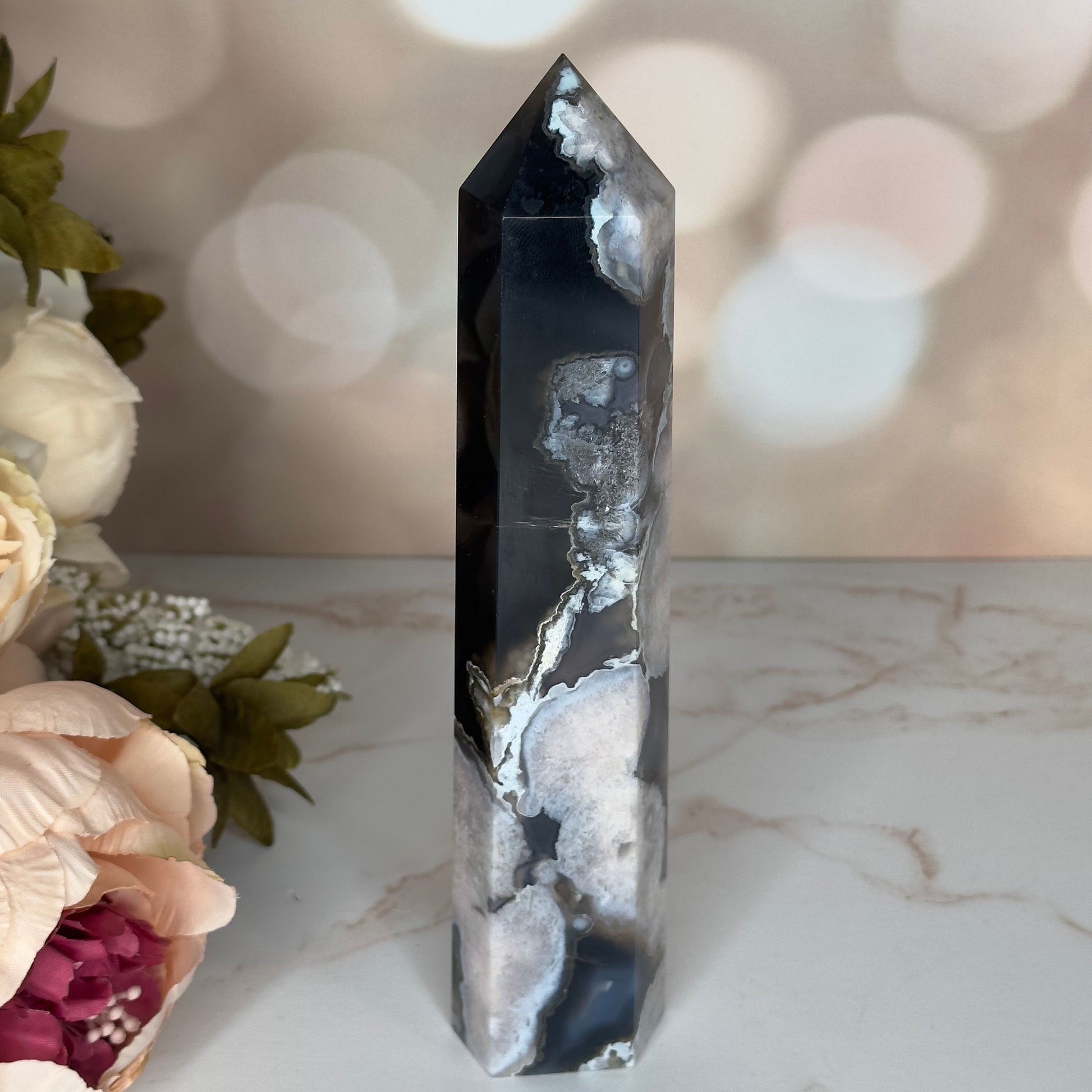Large Black Flower Agate Tower | Natural Blue Cherry Sakura Blossom Point