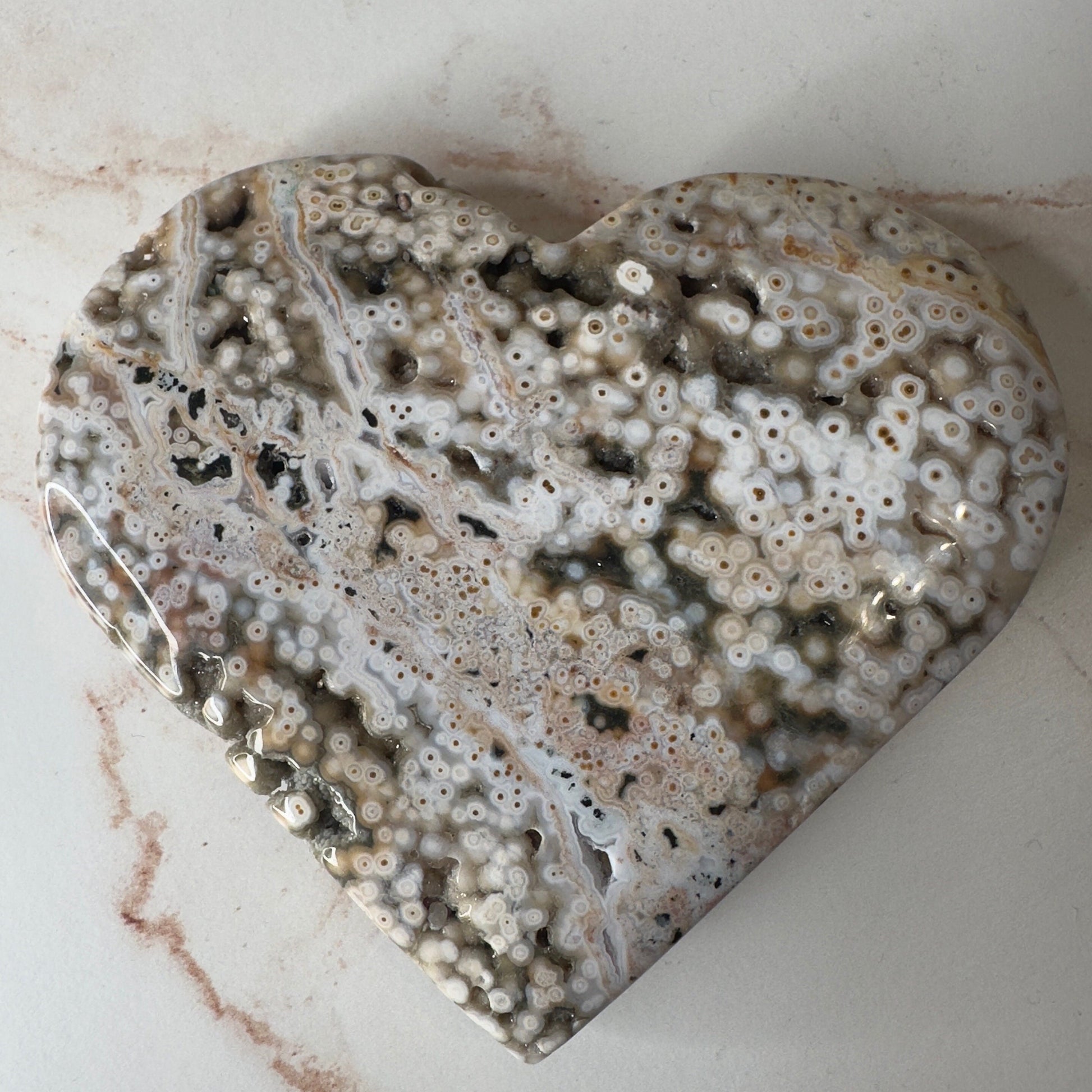 Orbicular Jasper Heart On Stand | Sea Jasper High-Quality Crystal Carving