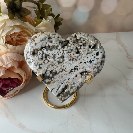 Orbicular Jasper Heart On Stand | Sea Jasper High-Quality Crystal Carving