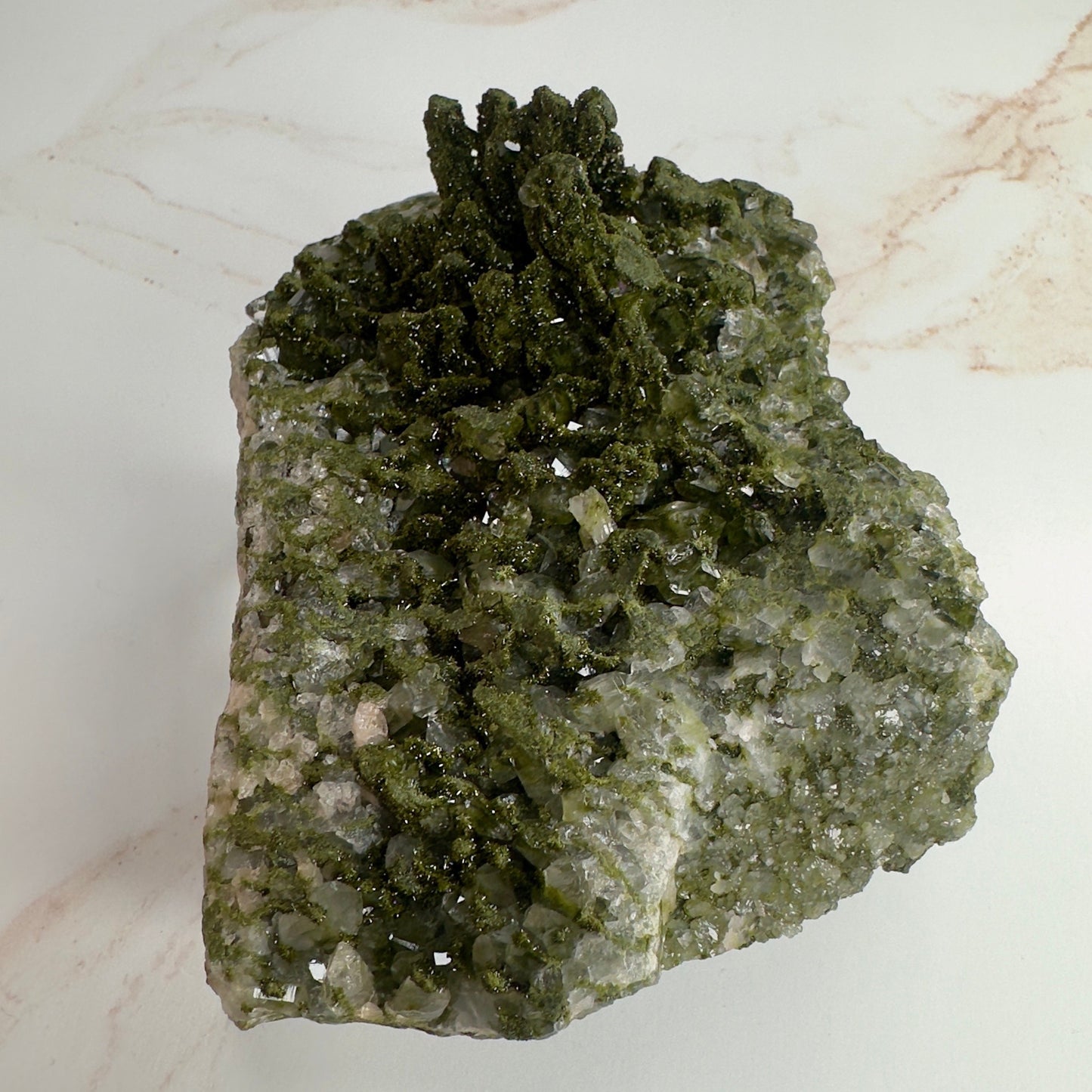 Forest Epidote On Quartz Genuine Dark Green Crystal Cluster Specimen From Turkey | Tucson Gem Show Exclusive