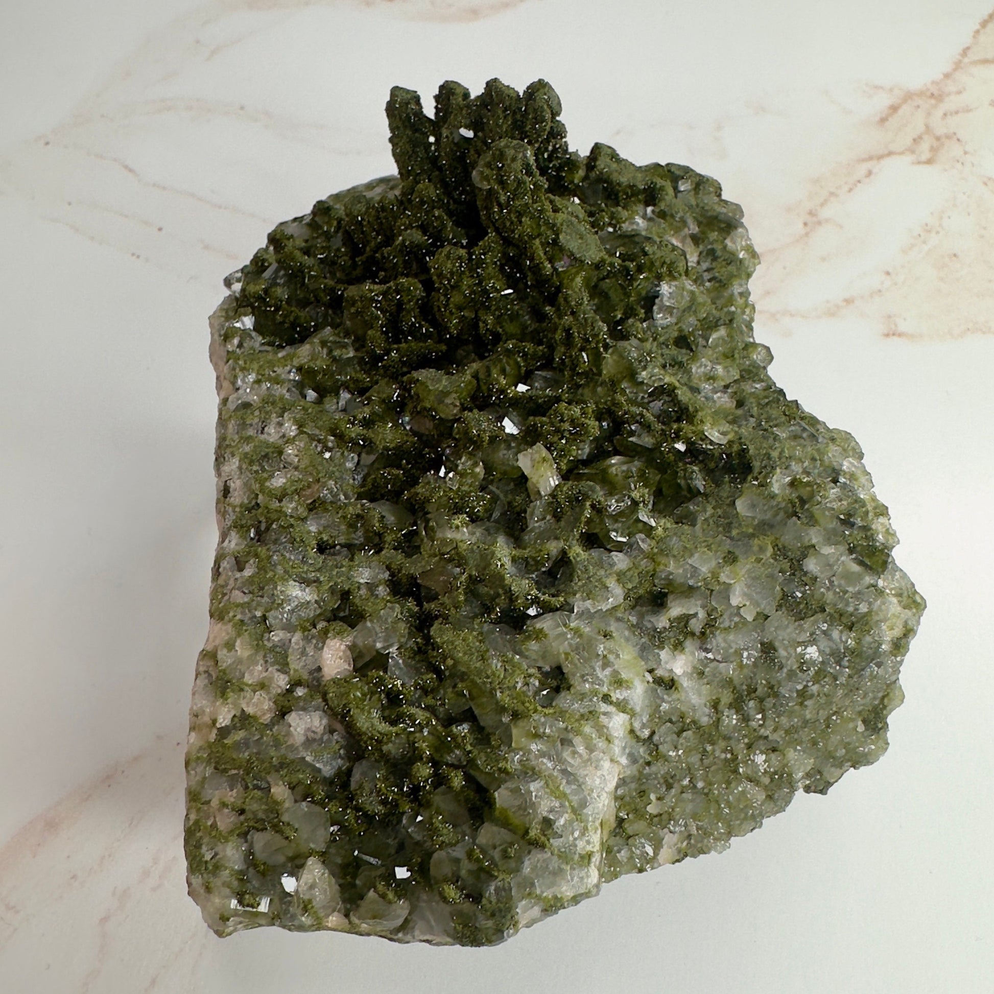 Forest Epidote On Quartz Genuine Dark Green Crystal Cluster Specimen From Turkey | Tucson Gem Show Exclusive