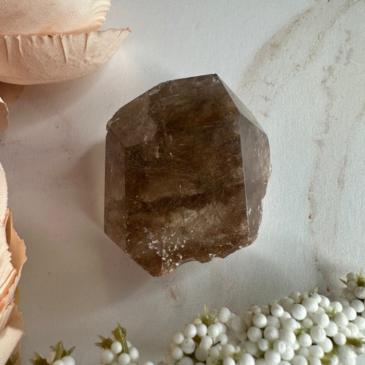 Captivating Rutile Smoky Quartz Freeform Point With Garden Inclusions From Brazil