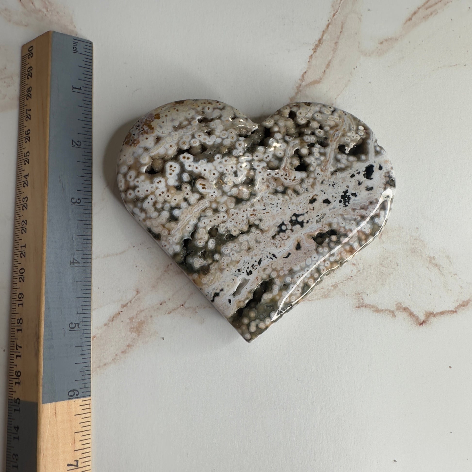 Orbicular Jasper Heart On Stand | Sea Jasper High-Quality Crystal Carving