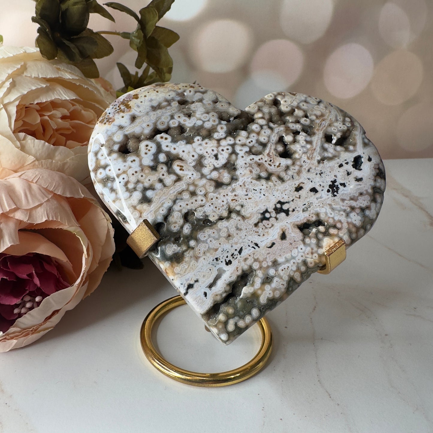 Orbicular Jasper Heart On Stand | Sea Jasper High-Quality Crystal Carving