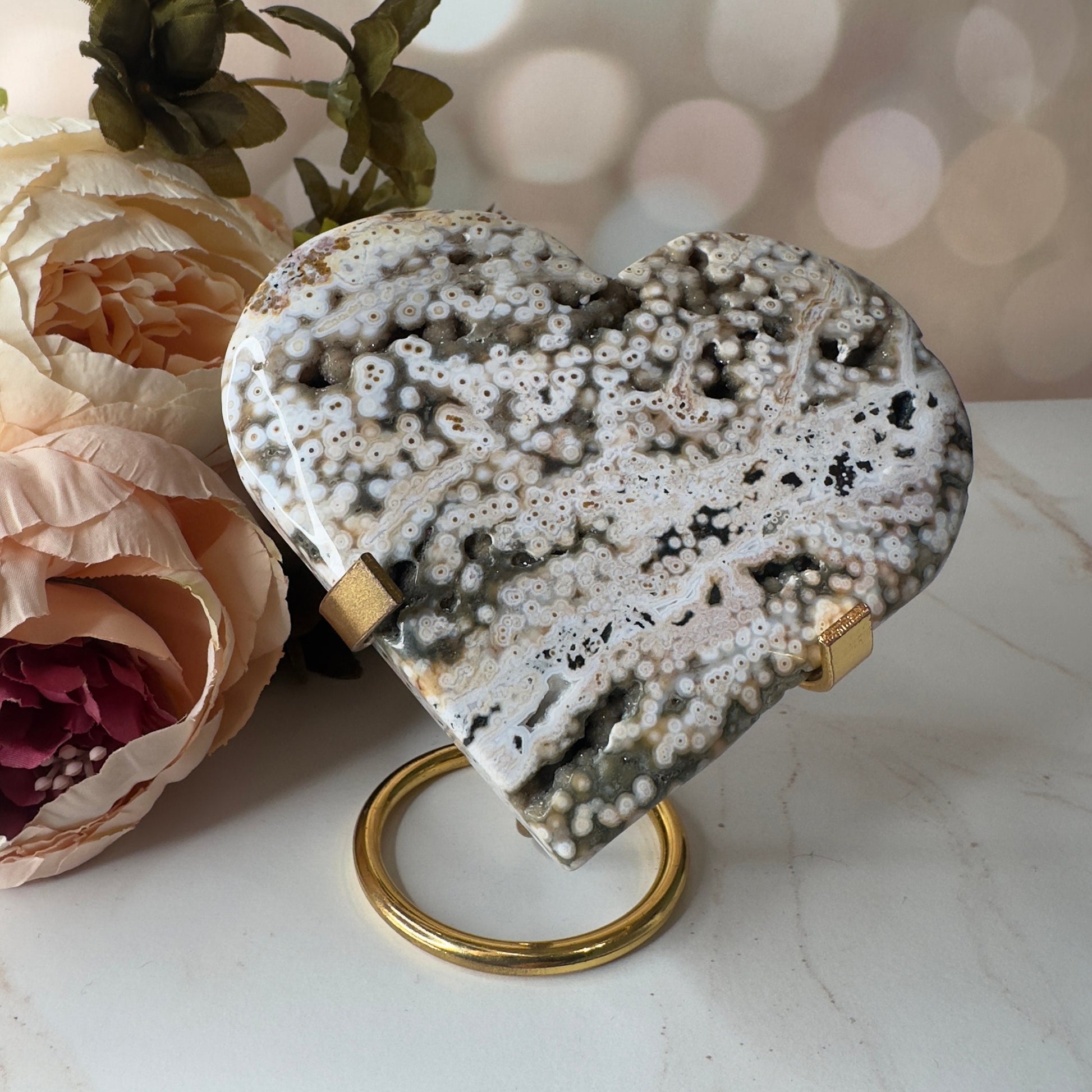 Orbicular Jasper Heart On Stand | Sea Jasper High-Quality Crystal Carving