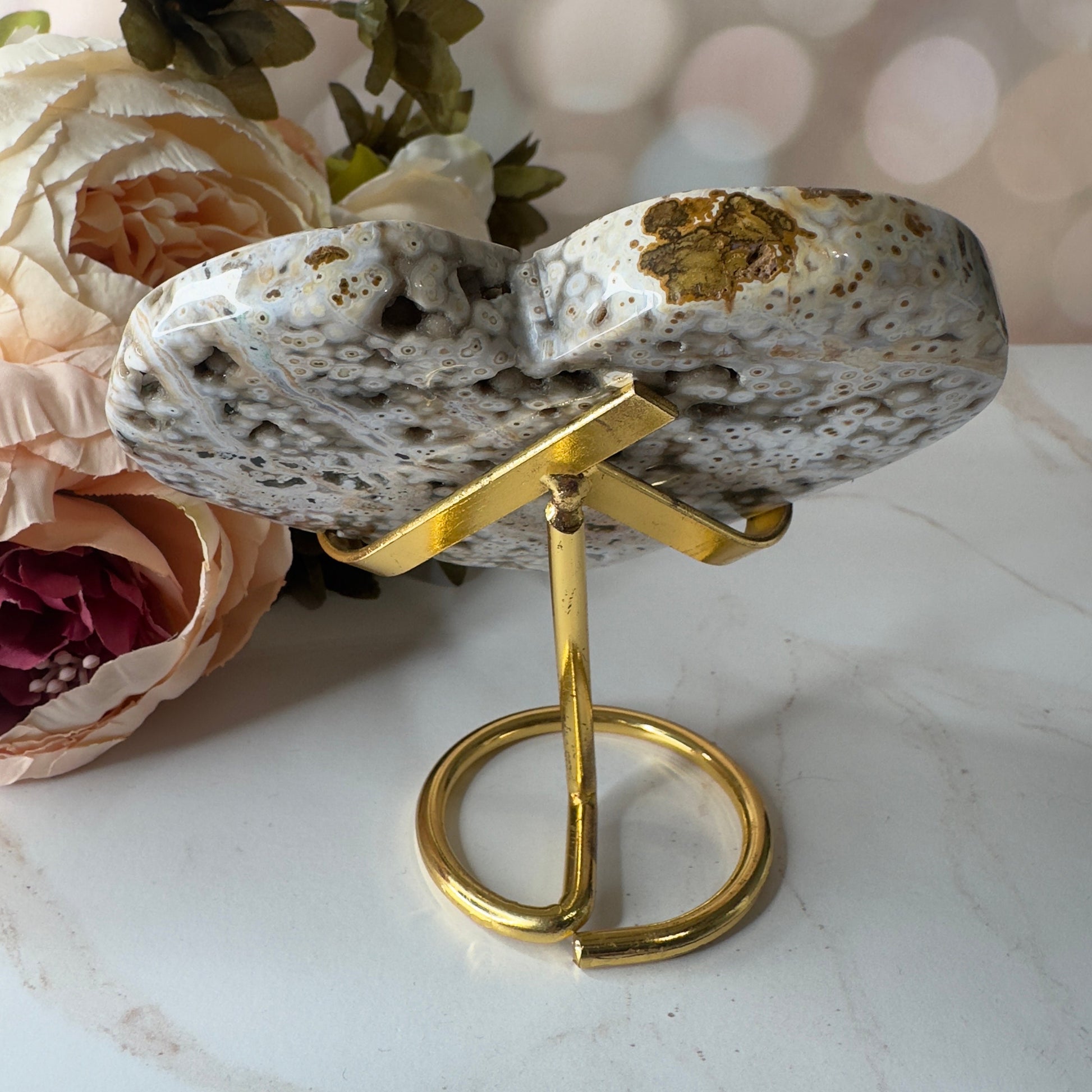 Orbicular Jasper Heart On Stand | Sea Jasper High-Quality Crystal Carving