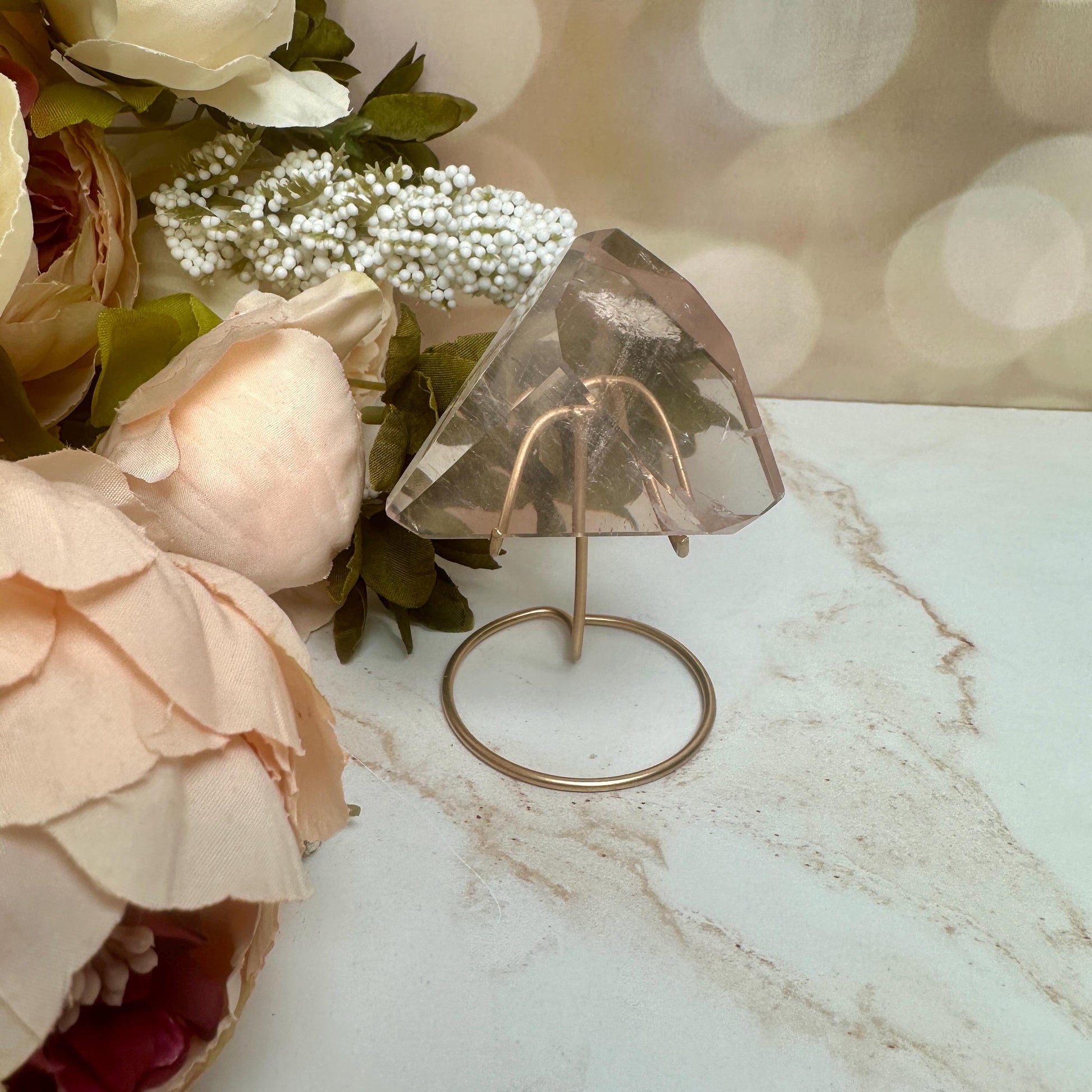 Beautiful Rose Quartz Crystal on Elegant Custom Gold Stand | Top Quality from Brazil