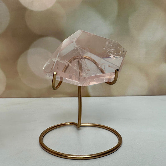 AAA Rose Quartz With Golden Healer Freeform Crystal With Rainbow On Custom Gold Stand From Brazil