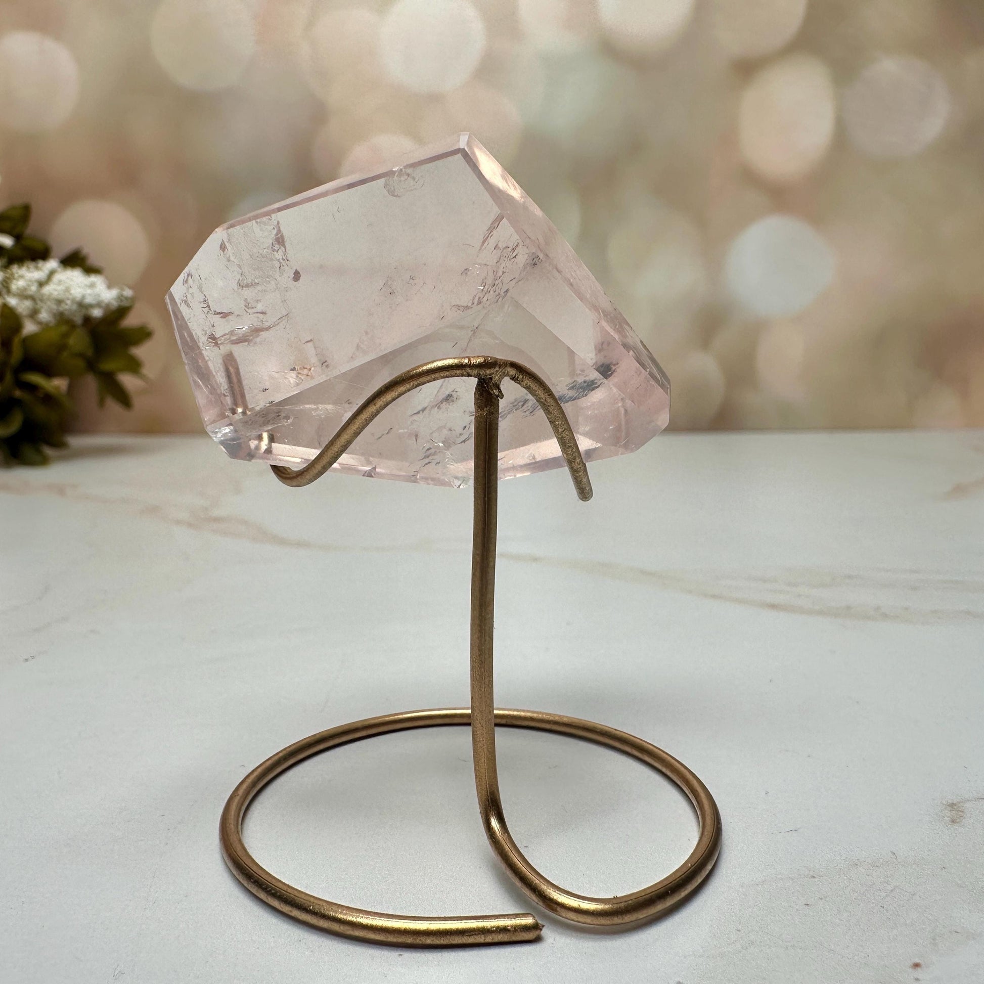 AAA Rose Quartz With Golden Healer Freeform Crystal With Rainbow On Custom Gold Stand From Brazil